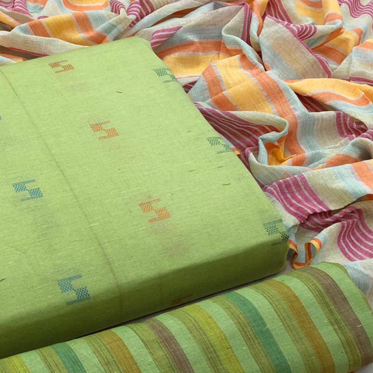 Green Embroidered Pure Cotton Dress Material - Peachmode