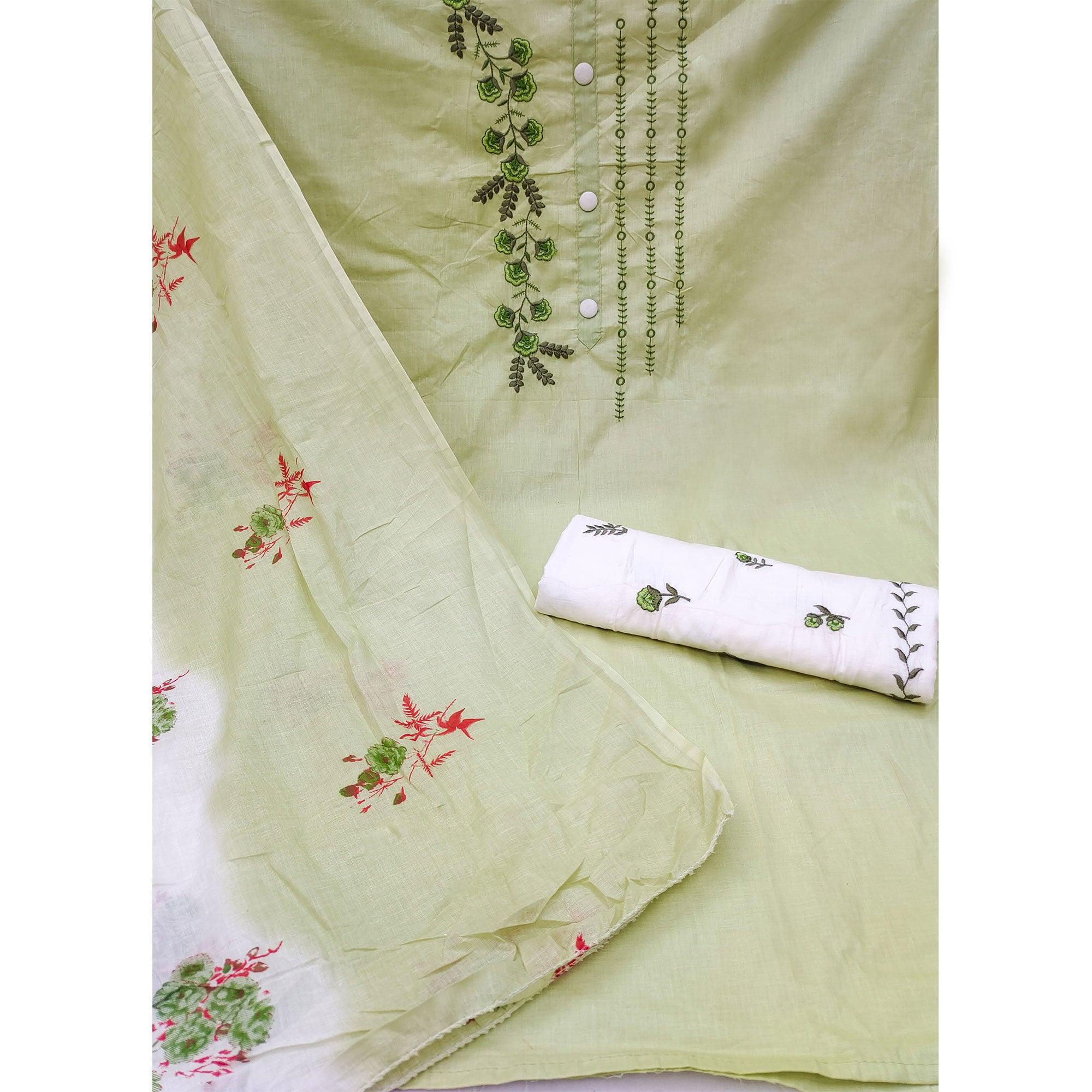 Green Embroidered Pure Cotton Dress Material - Peachmode