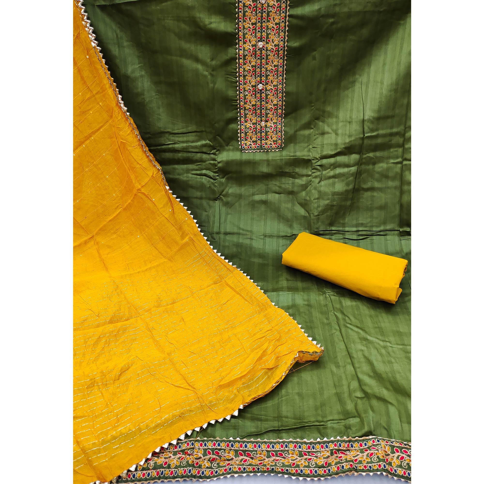Green Embroidered Pure Cotton Dress Material - Peachmode