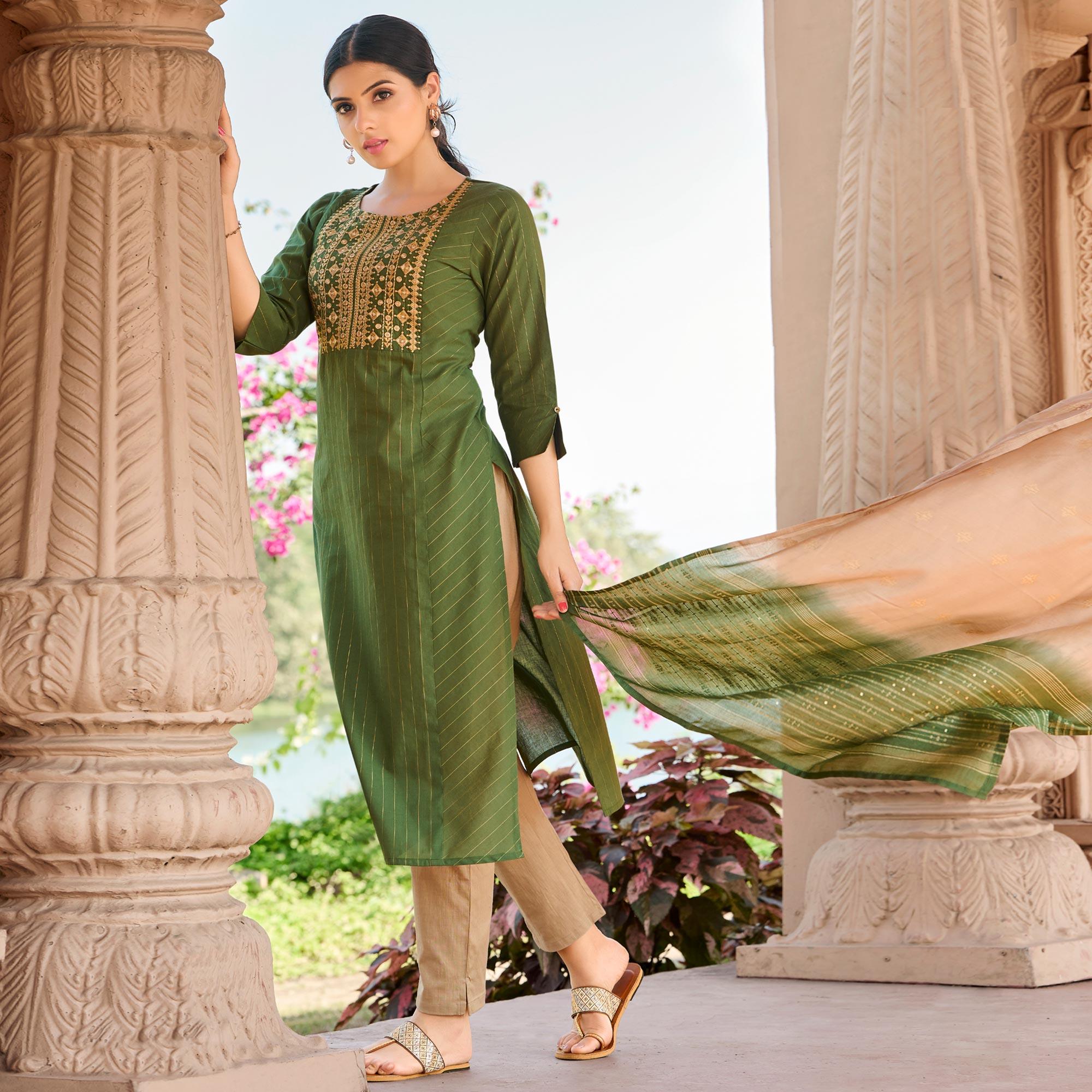 Green Embroidered Pure Cotton Kurti Pant Set With Dupatta - Peachmode