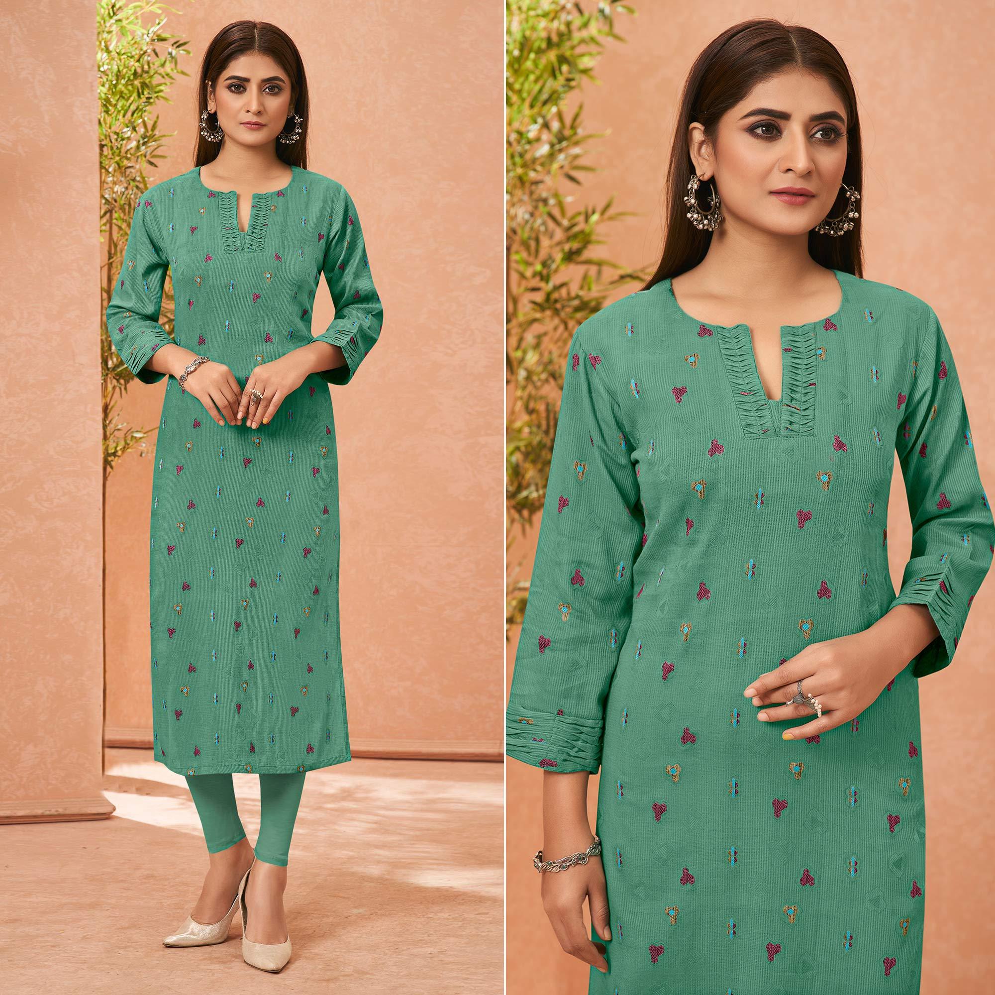 Green Embroidered Pure Cotton Kurti - Peachmode