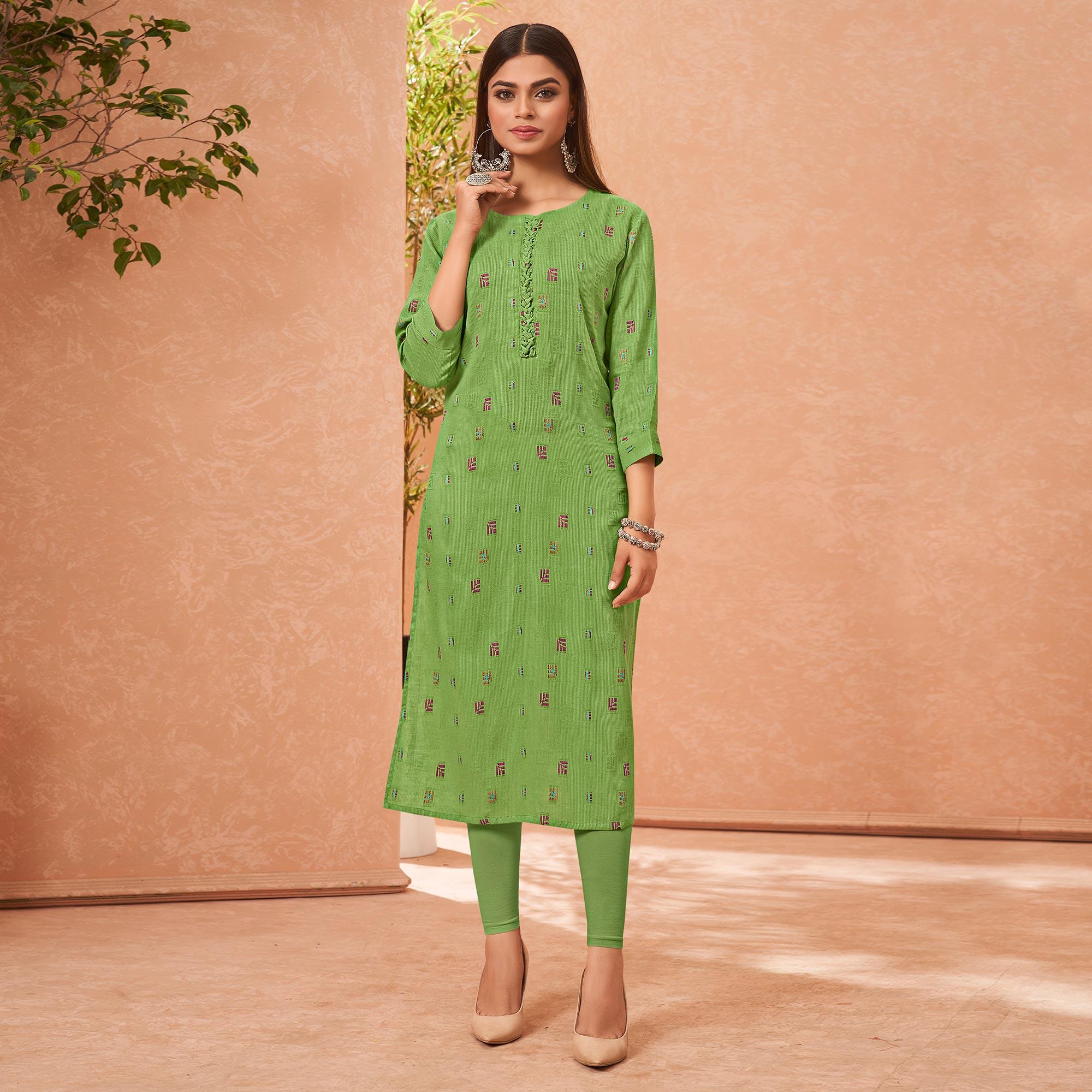 Green Embroidered Pure Cotton Kurti - Peachmode