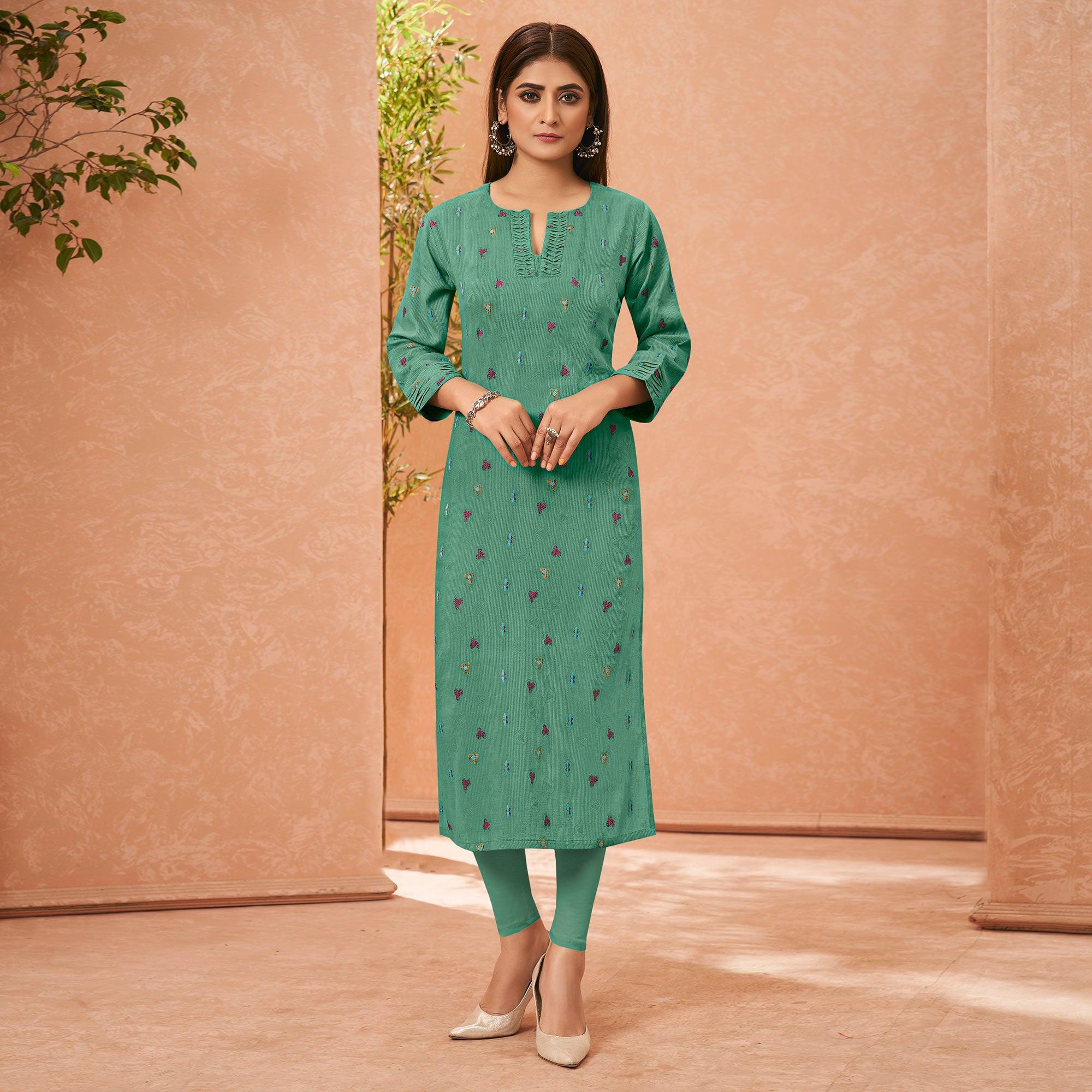 Green Embroidered Pure Cotton Kurti - Peachmode