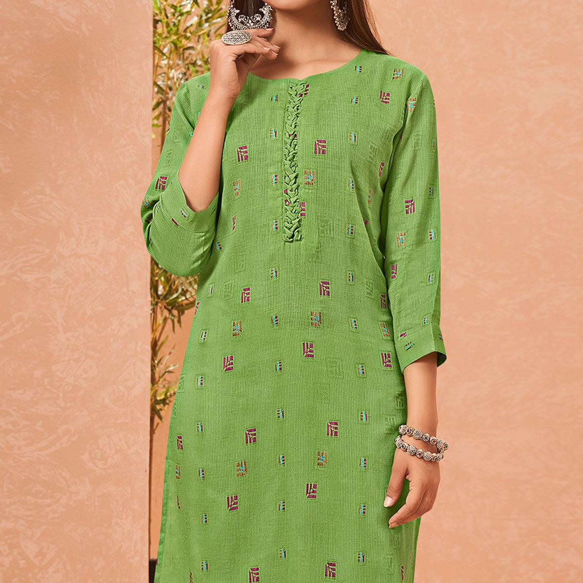 Green Embroidered Pure Cotton Kurti - Peachmode