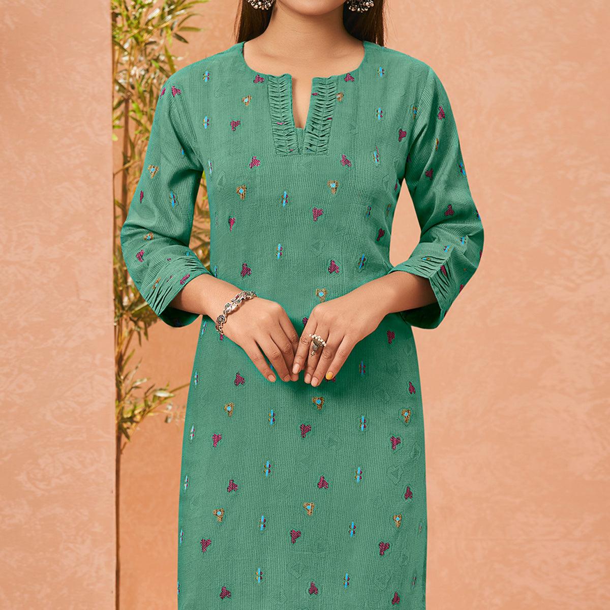 Green Embroidered Pure Cotton Kurti - Peachmode