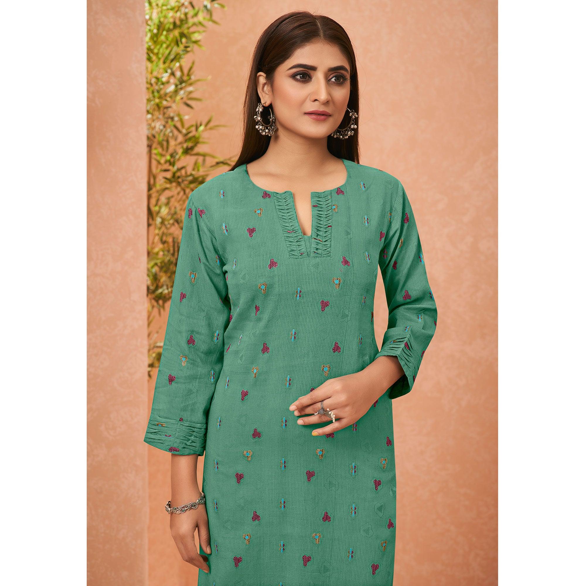 Green Embroidered Pure Cotton Kurti - Peachmode