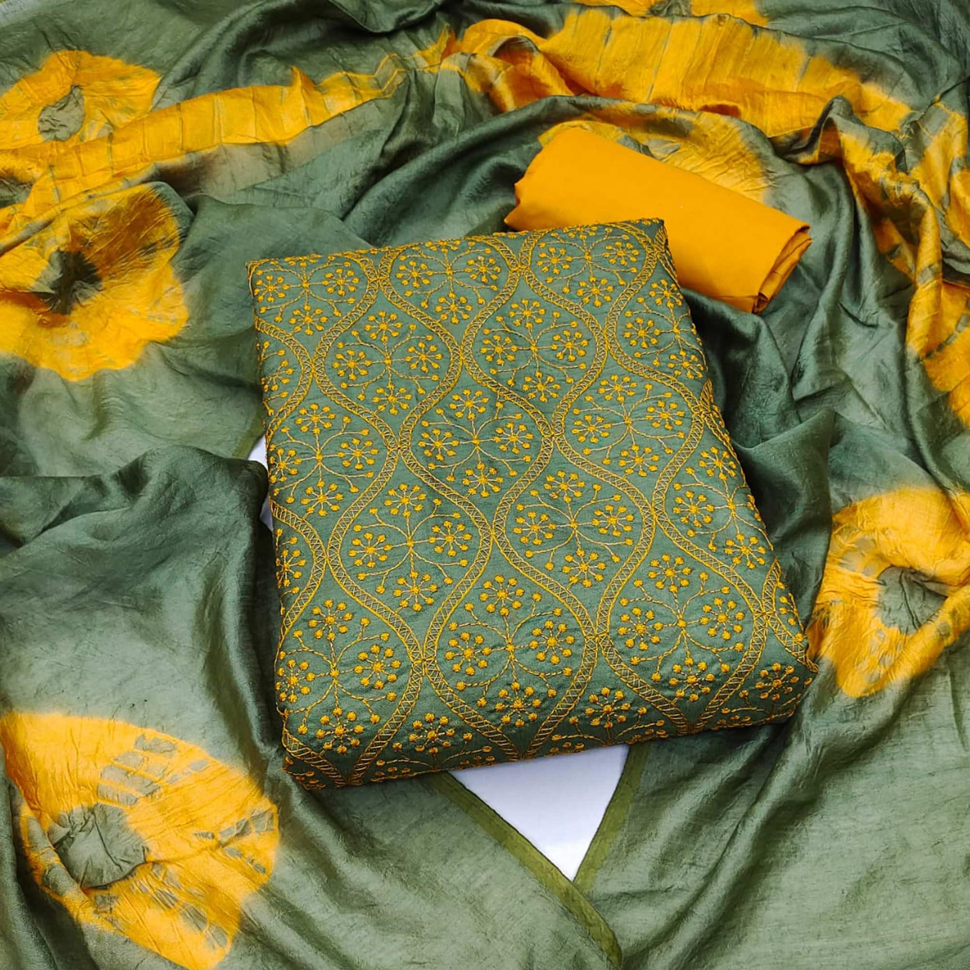 Green Embroidered Pure Silk Dress Material - Peachmode