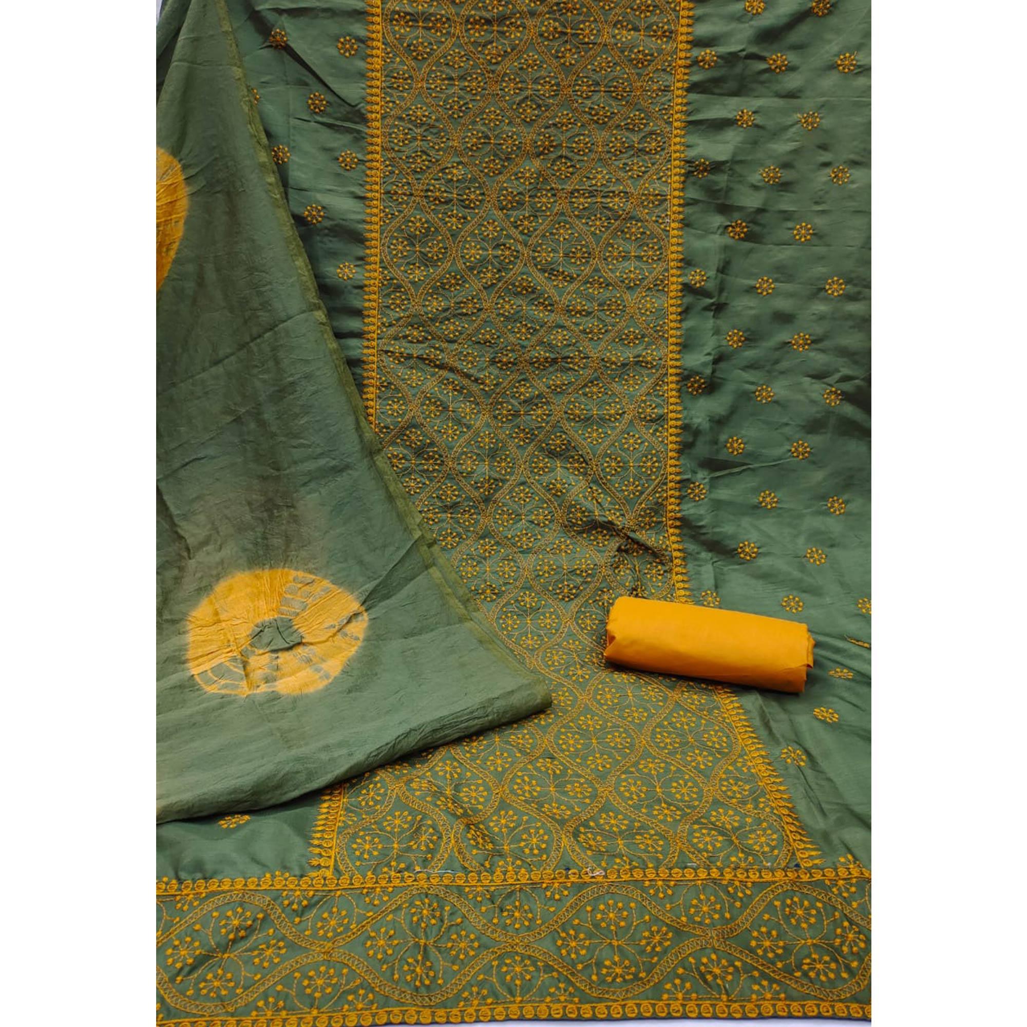 Green Embroidered Pure Silk Dress Material - Peachmode