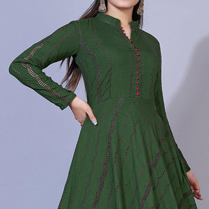 Green Embroidered Rayon Anarkali Style Gown - Peachmode