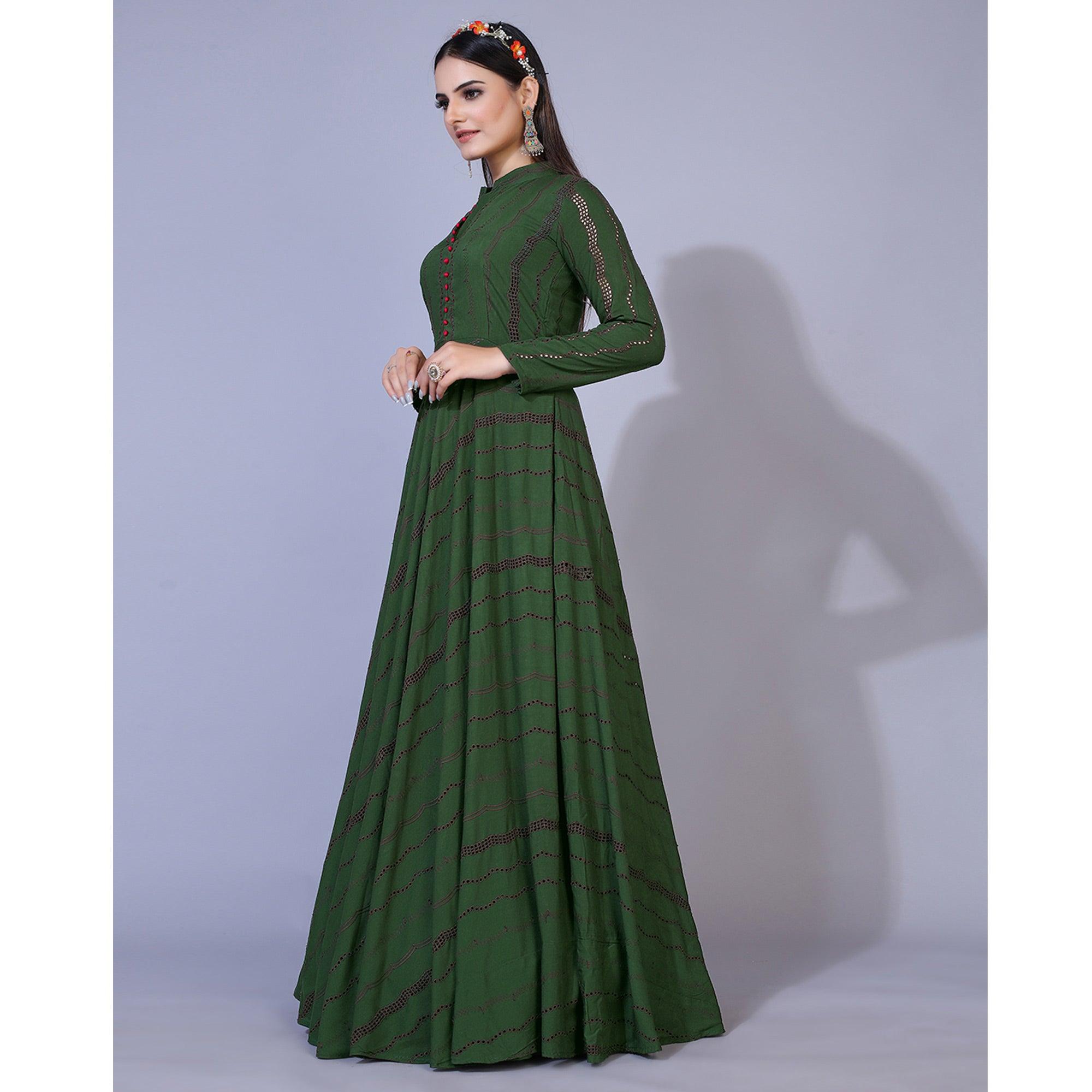 Green Embroidered Rayon Anarkali Style Gown - Peachmode