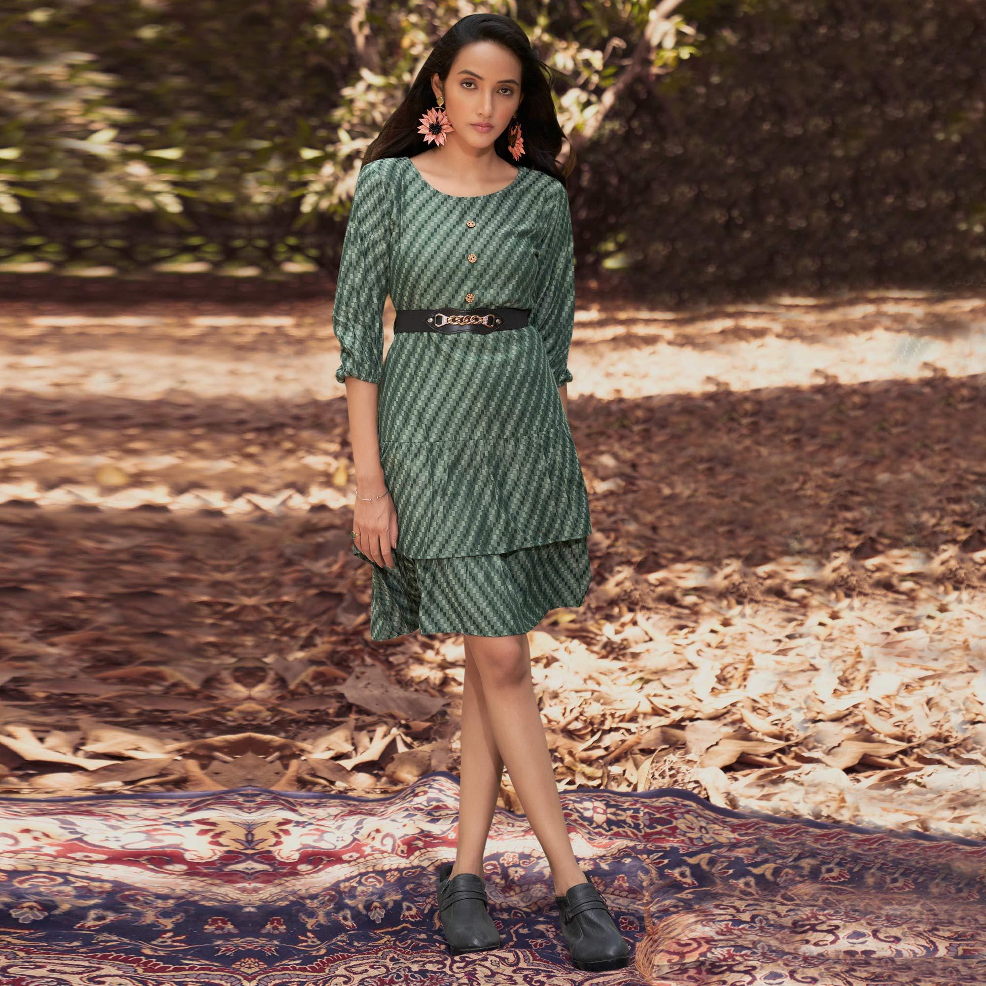 Green Embroidered Rayon Dress With Belt - Peachmode