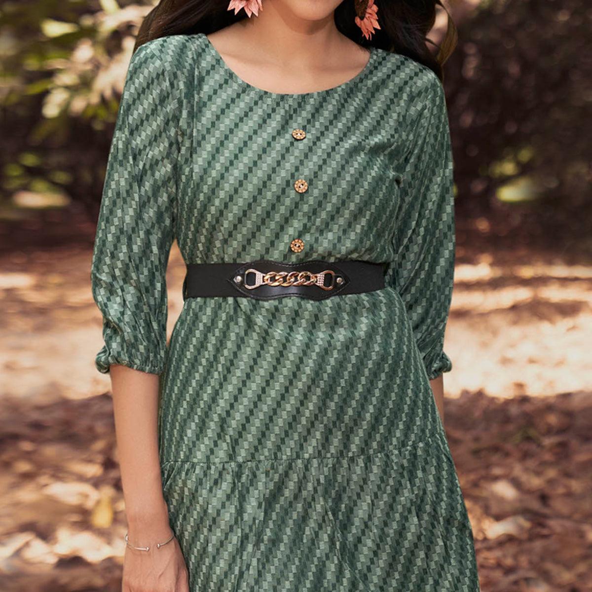 Green Embroidered Rayon Dress With Belt - Peachmode