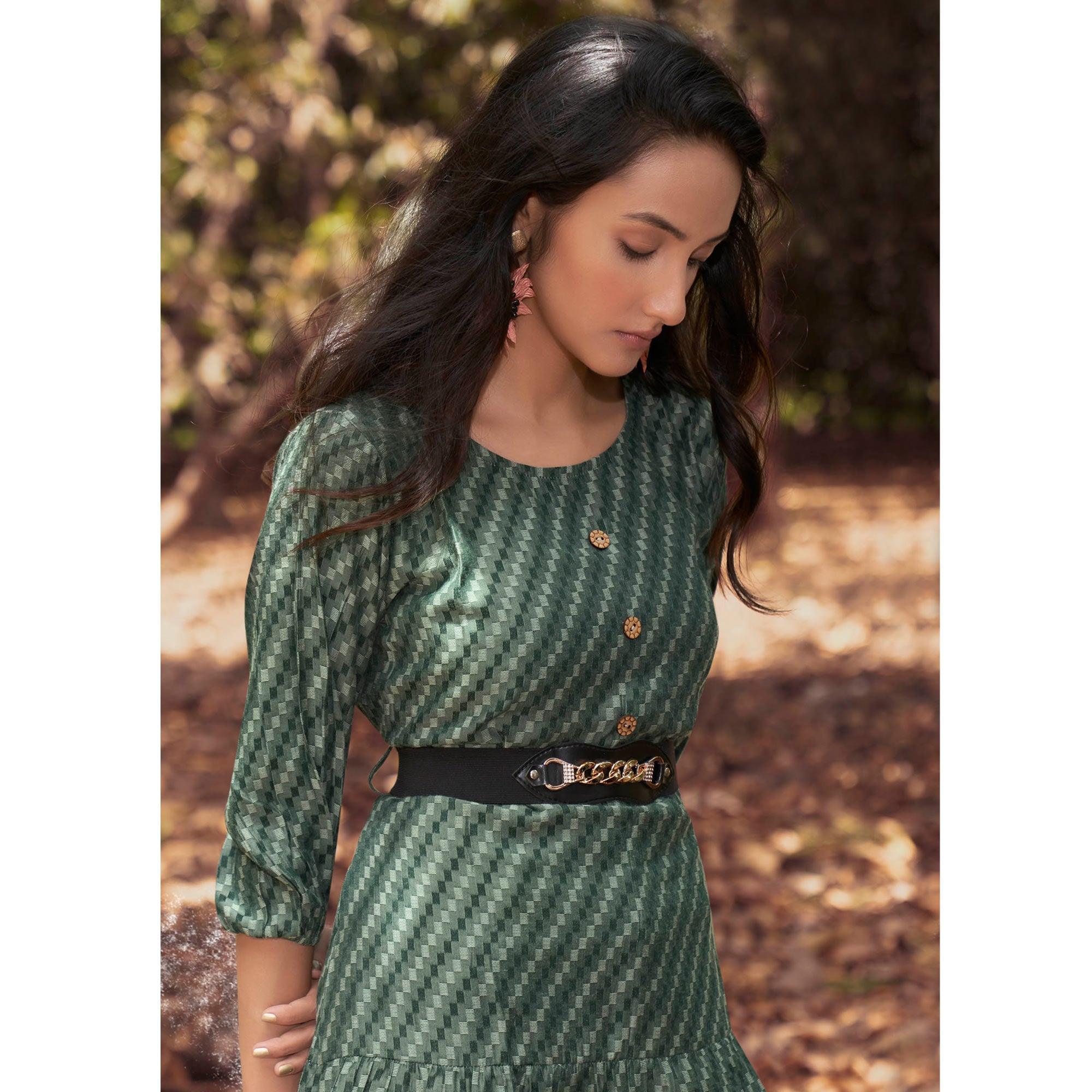 Green Embroidered Rayon Dress With Belt - Peachmode