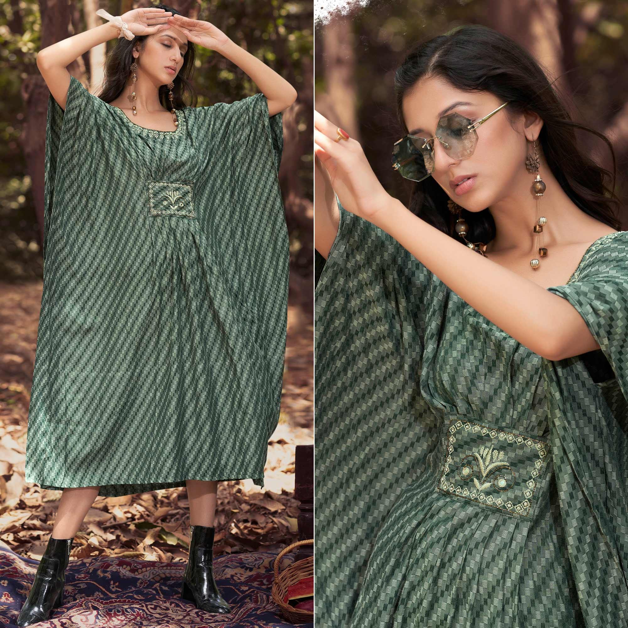 Green Embroidered Rayon Kaftan - Peachmode