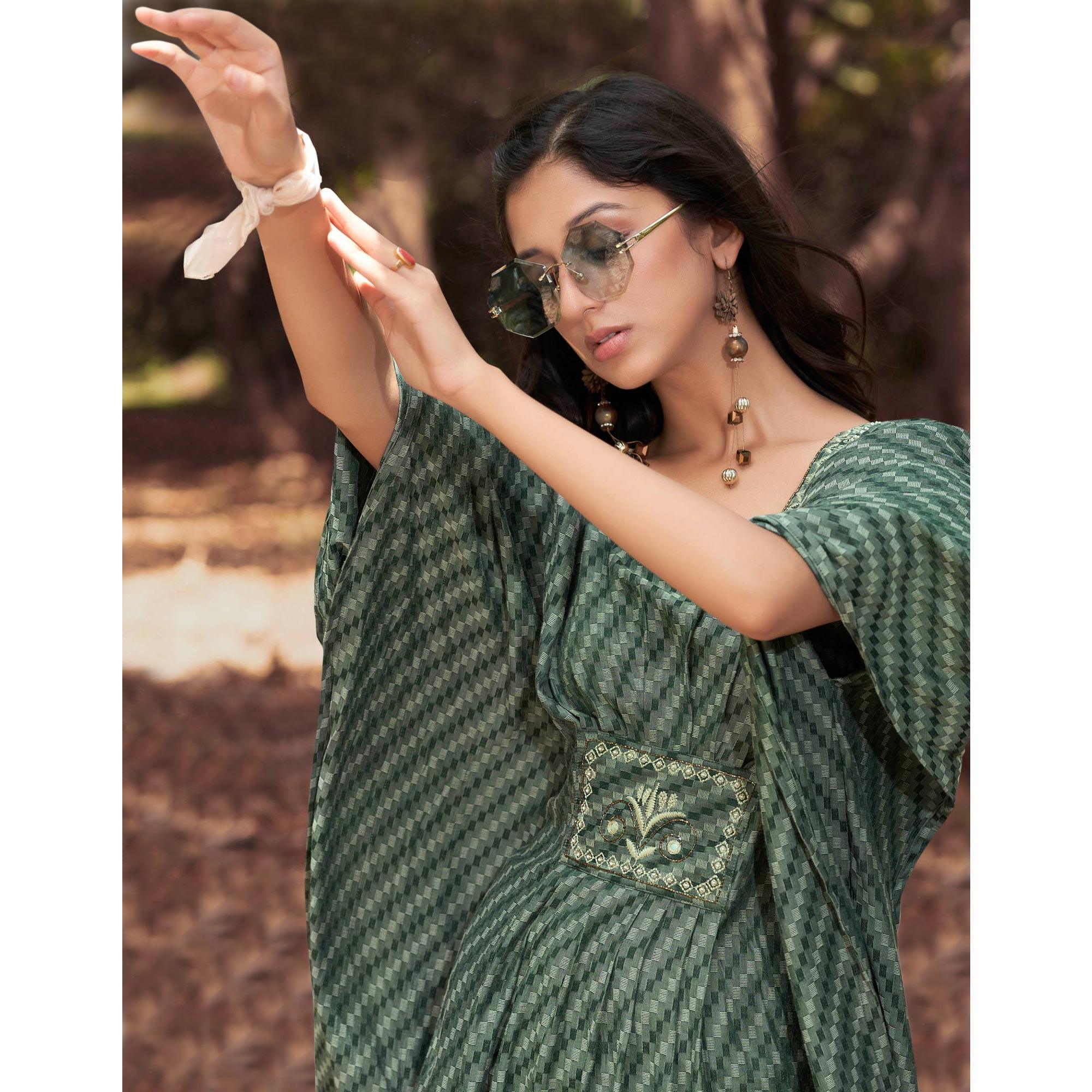 Green Embroidered Rayon Kaftan - Peachmode