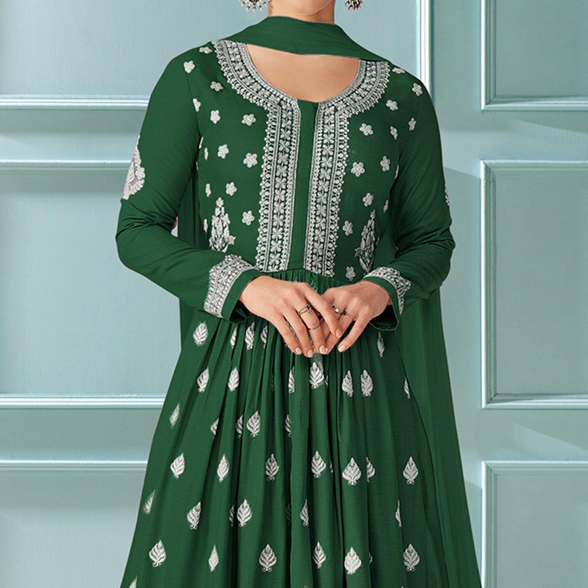 Green Embroidered Rayon Kurti Palazzo Suit - Peachmode