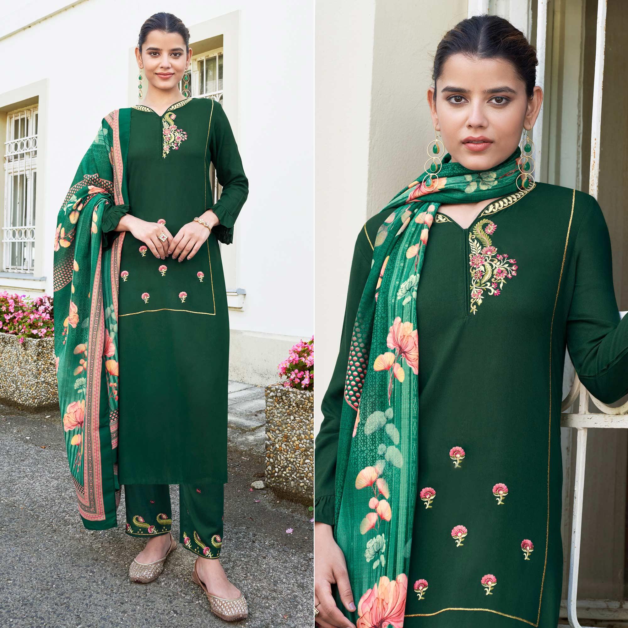 Green Embroidered Rayon Kurti Pant Set With Dupatta - Peachmode