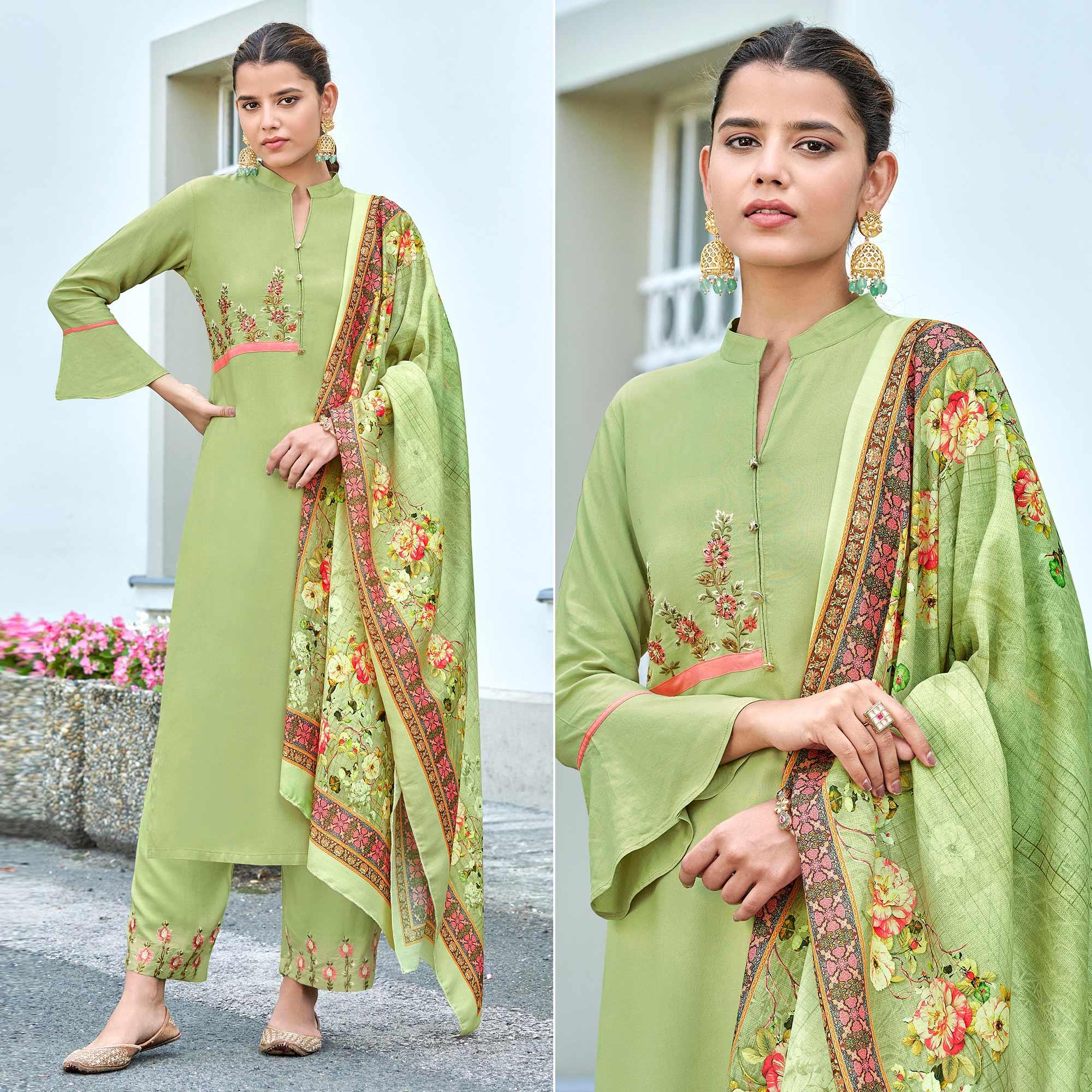 Green Embroidered Rayon Kurti Pant Set With Dupatta - Peachmode
