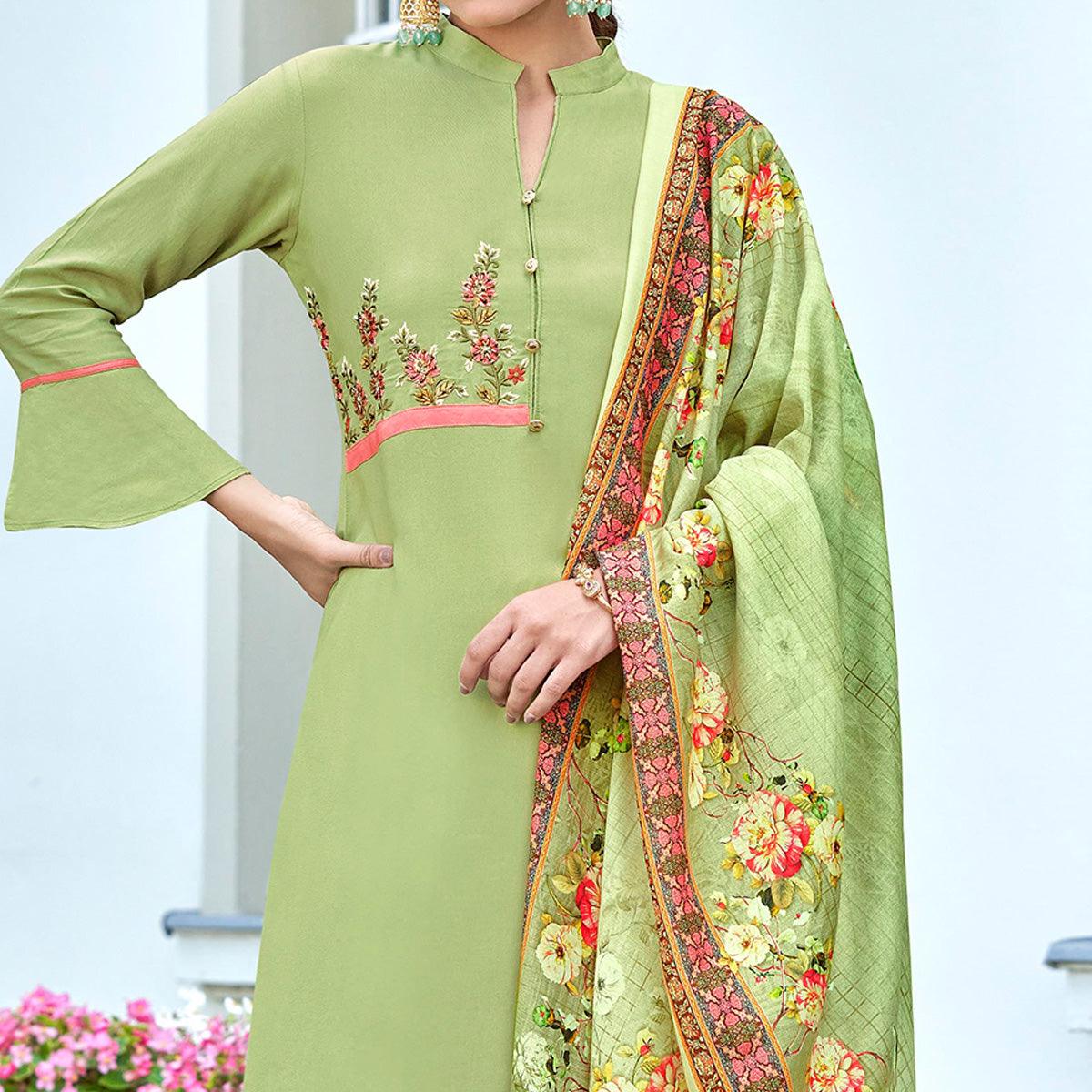 Green Embroidered Rayon Kurti Pant Set With Dupatta - Peachmode
