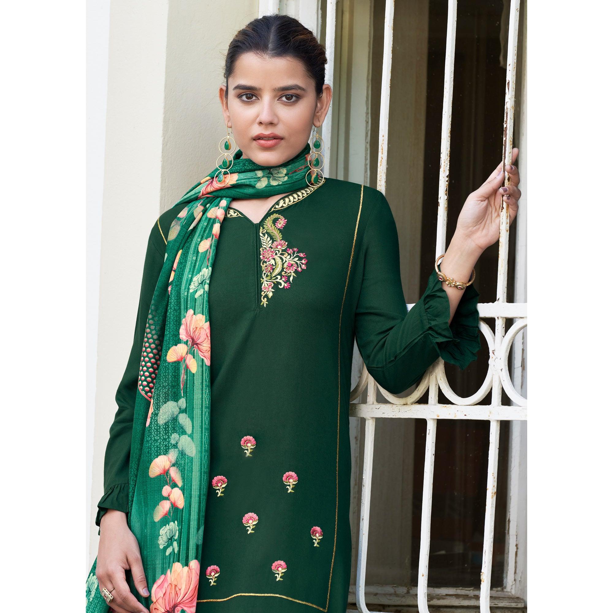 Green Embroidered Rayon Kurti Pant Set With Dupatta - Peachmode