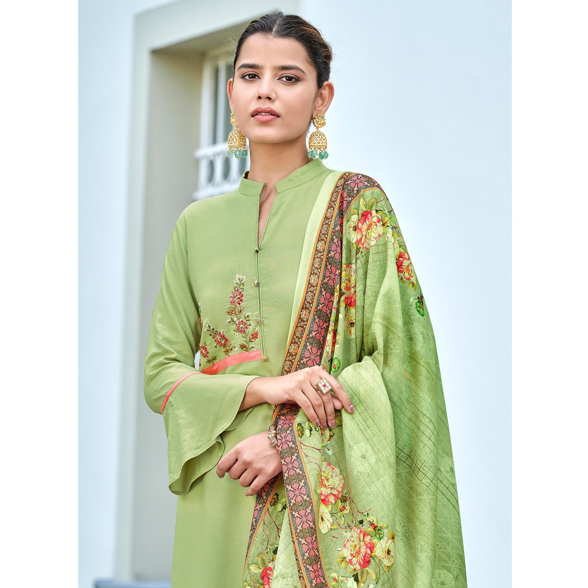Green Embroidered Rayon Kurti Pant Set With Dupatta - Peachmode