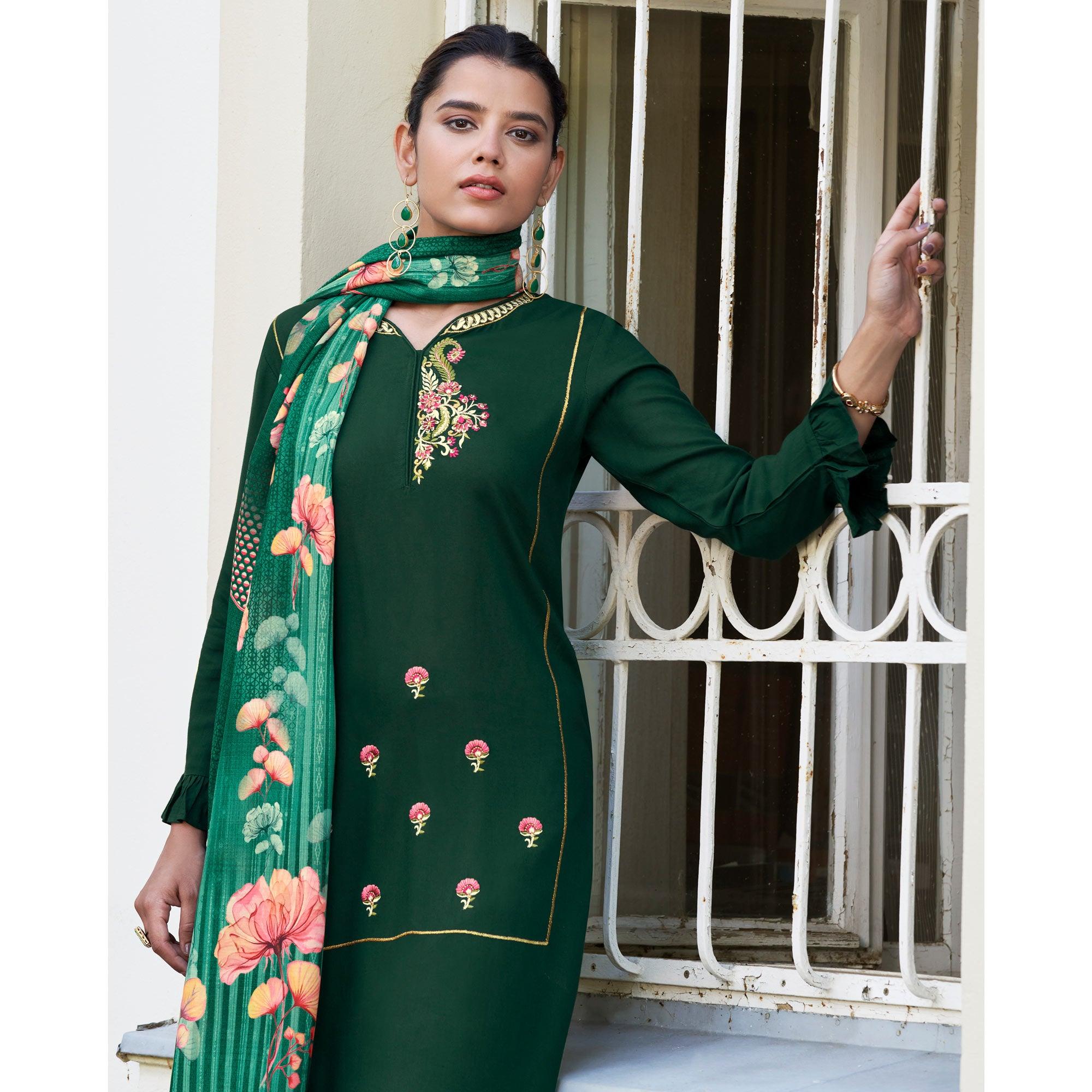 Green Embroidered Rayon Kurti Pant Set With Dupatta - Peachmode