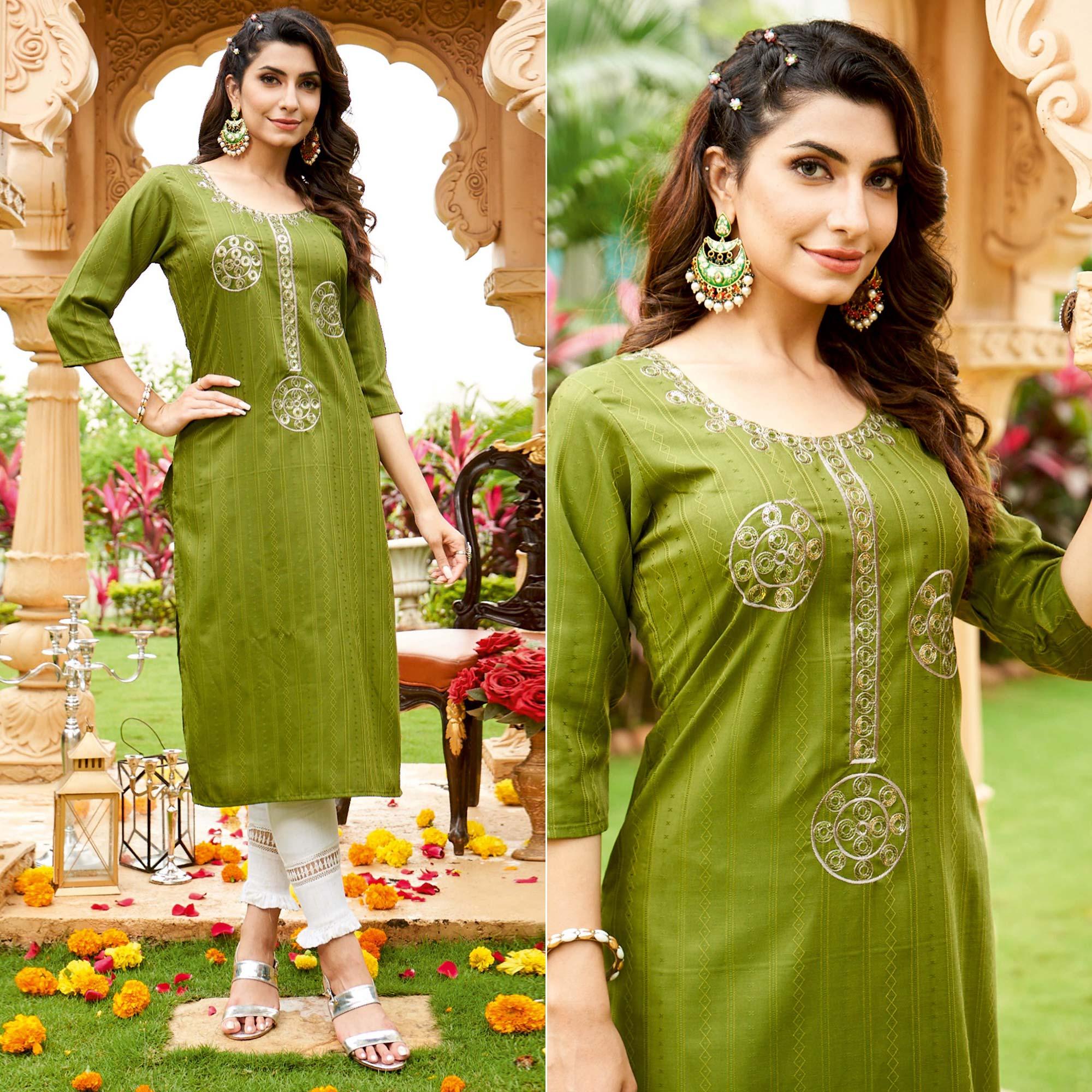 Green Embroidered Rayon Kurti - Peachmode