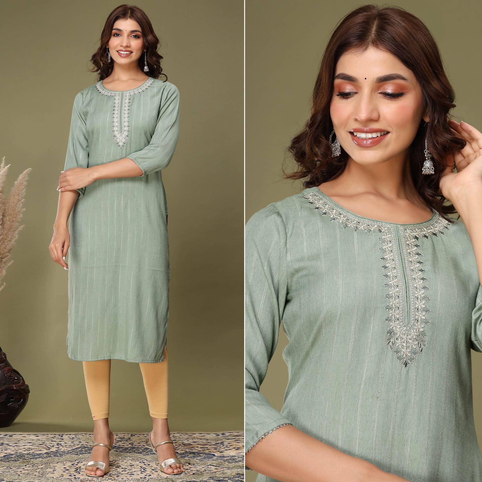 Green Embroidered Rayon Kurti - Peachmode