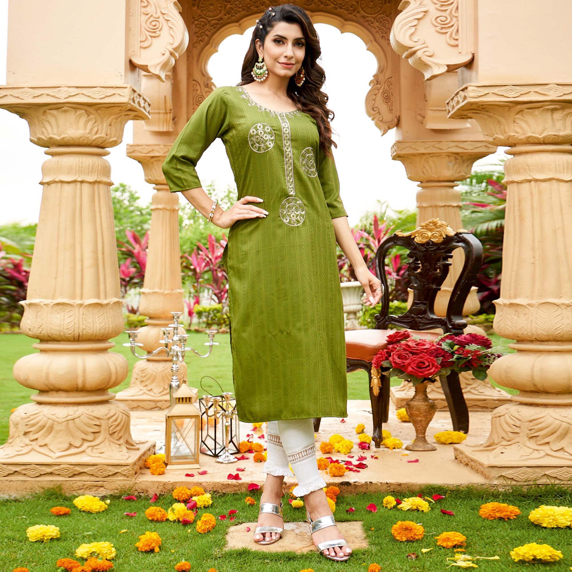 Green Embroidered Rayon Kurti - Peachmode