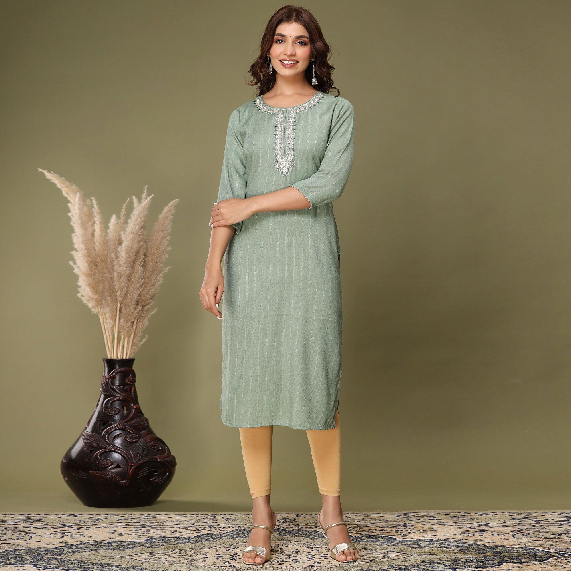 Green Embroidered Rayon Kurti - Peachmode