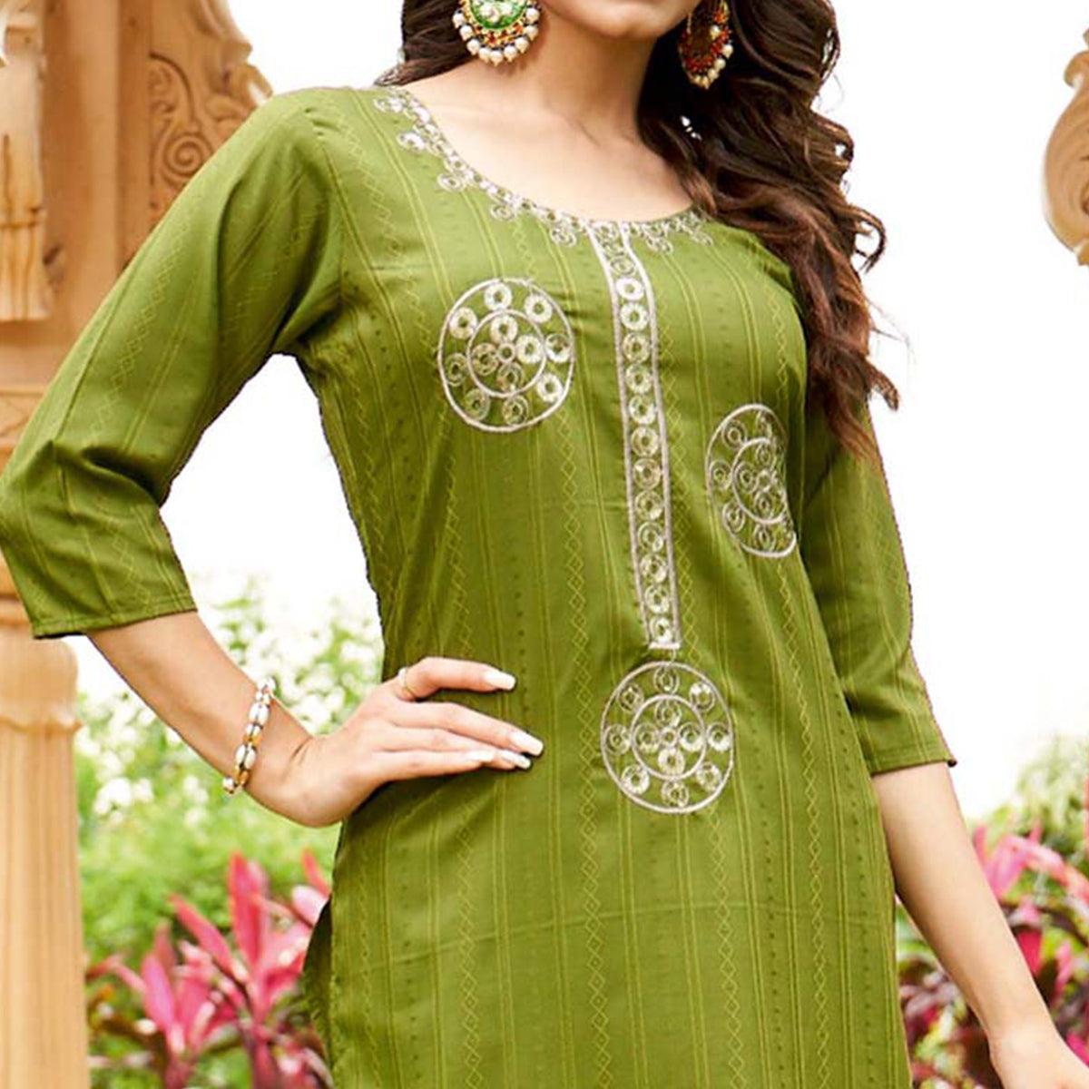 Green Embroidered Rayon Kurti - Peachmode