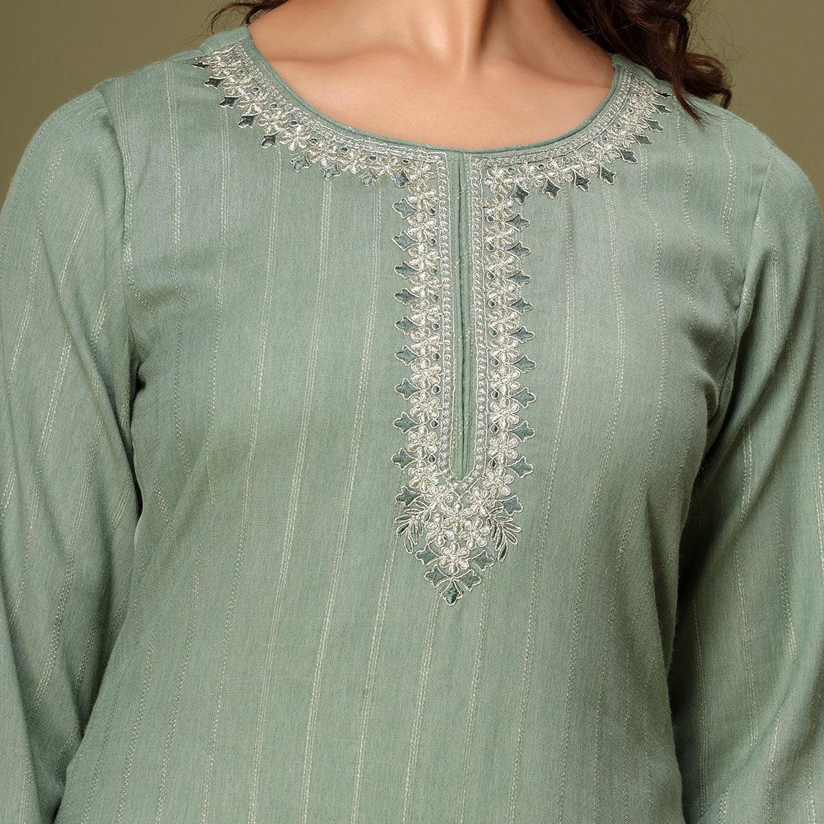 Green Embroidered Rayon Kurti - Peachmode