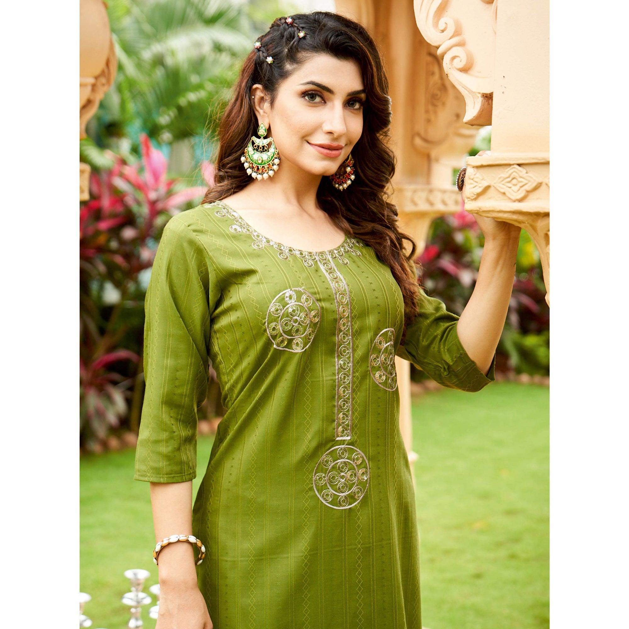 Green Embroidered Rayon Kurti - Peachmode