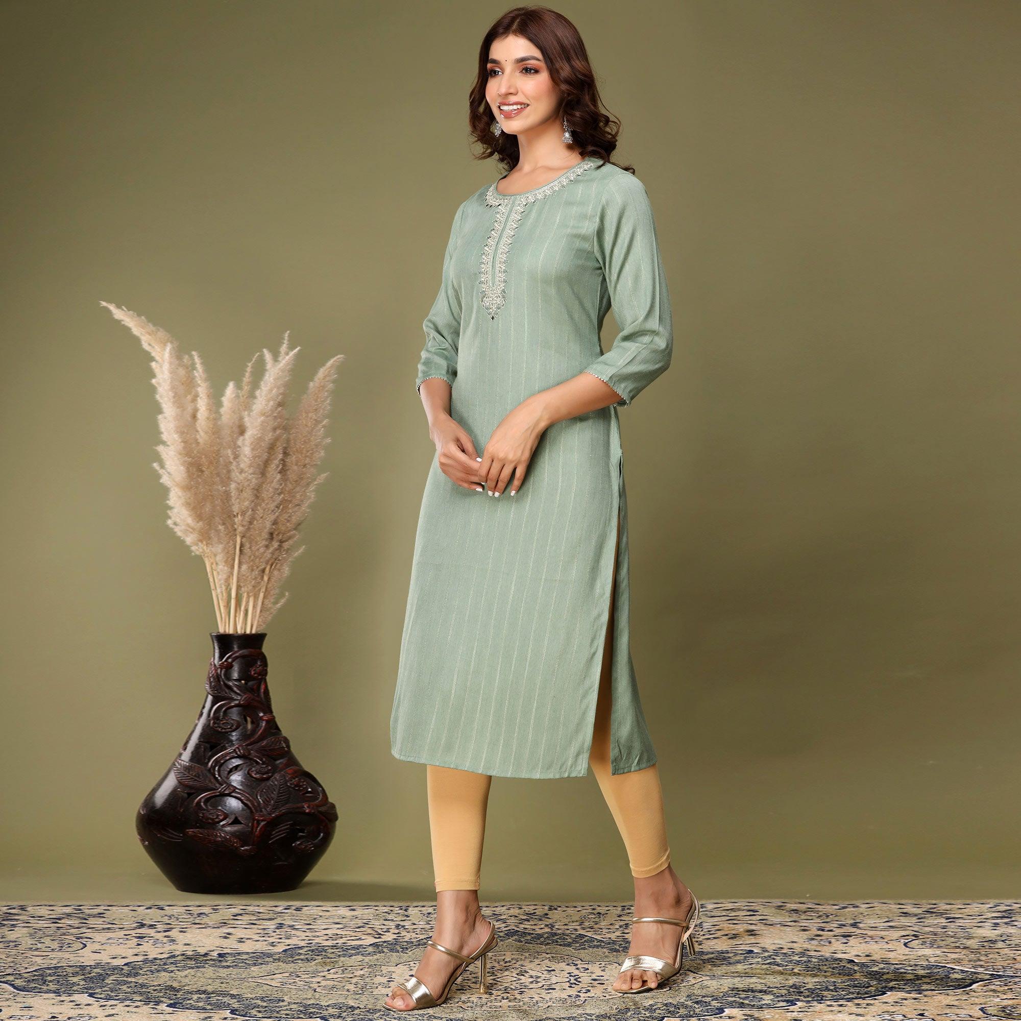 Green Embroidered Rayon Kurti - Peachmode