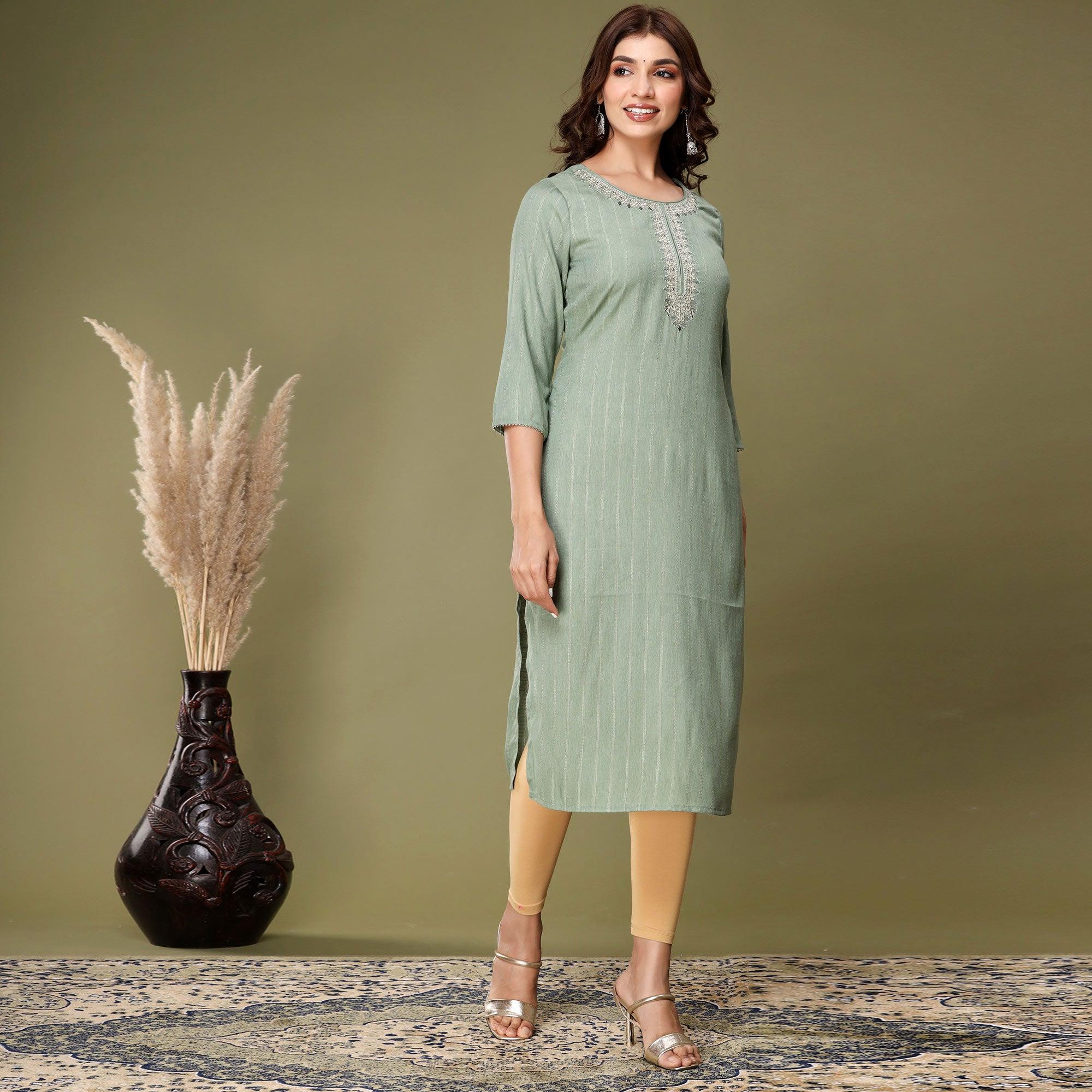 Green Embroidered Rayon Kurti - Peachmode