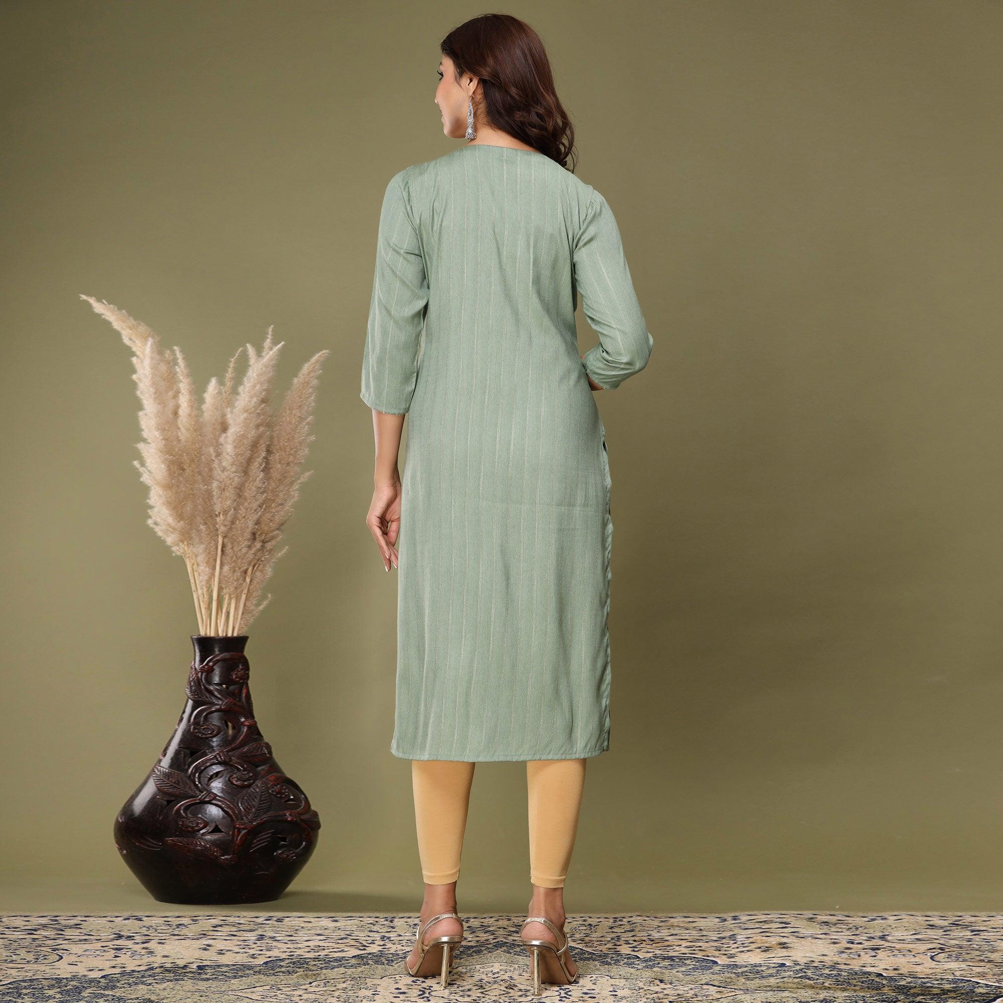 Green Embroidered Rayon Kurti - Peachmode