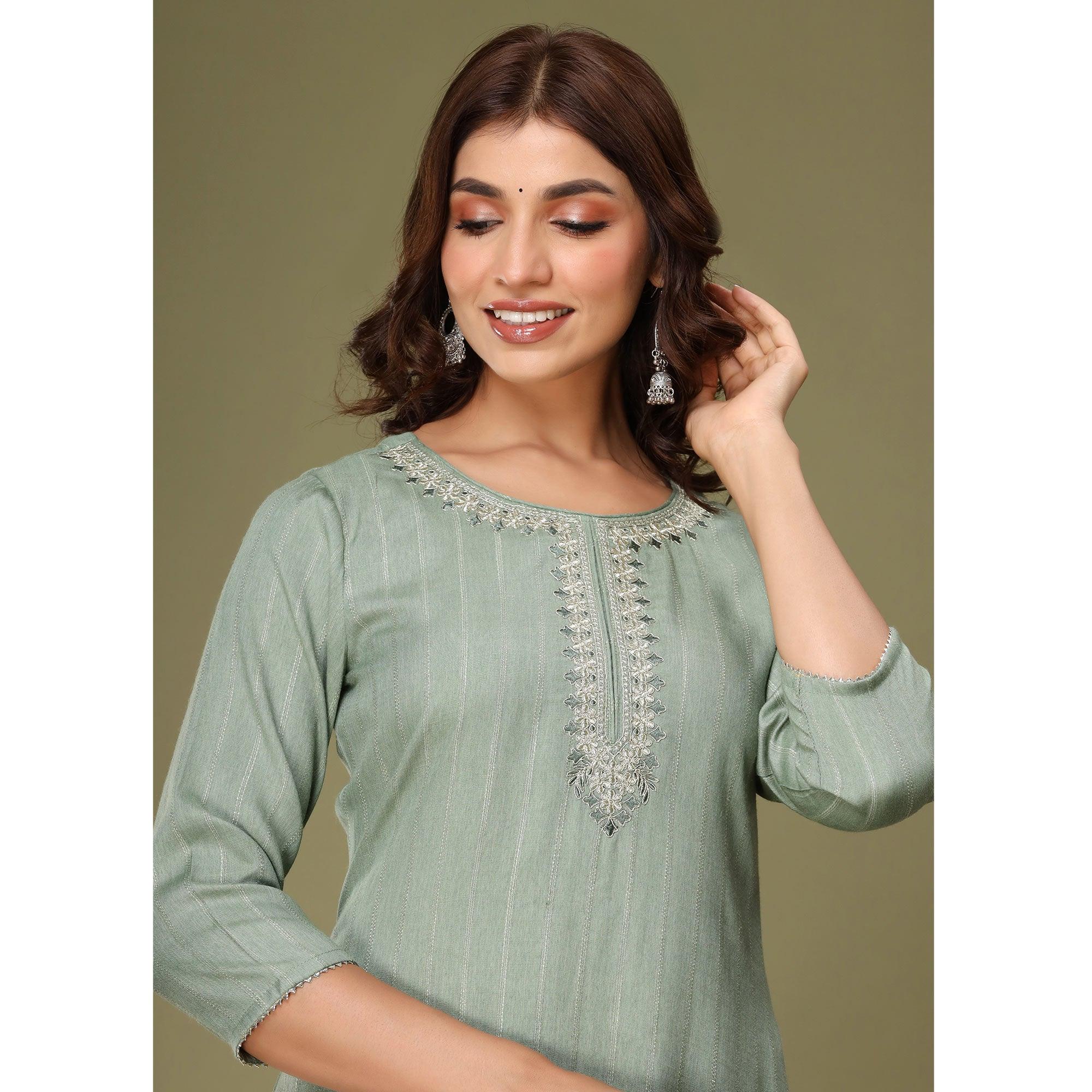 Green Embroidered Rayon Kurti - Peachmode