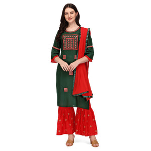 Green Embroidered Rayon Palazzo Suit - Peachmode