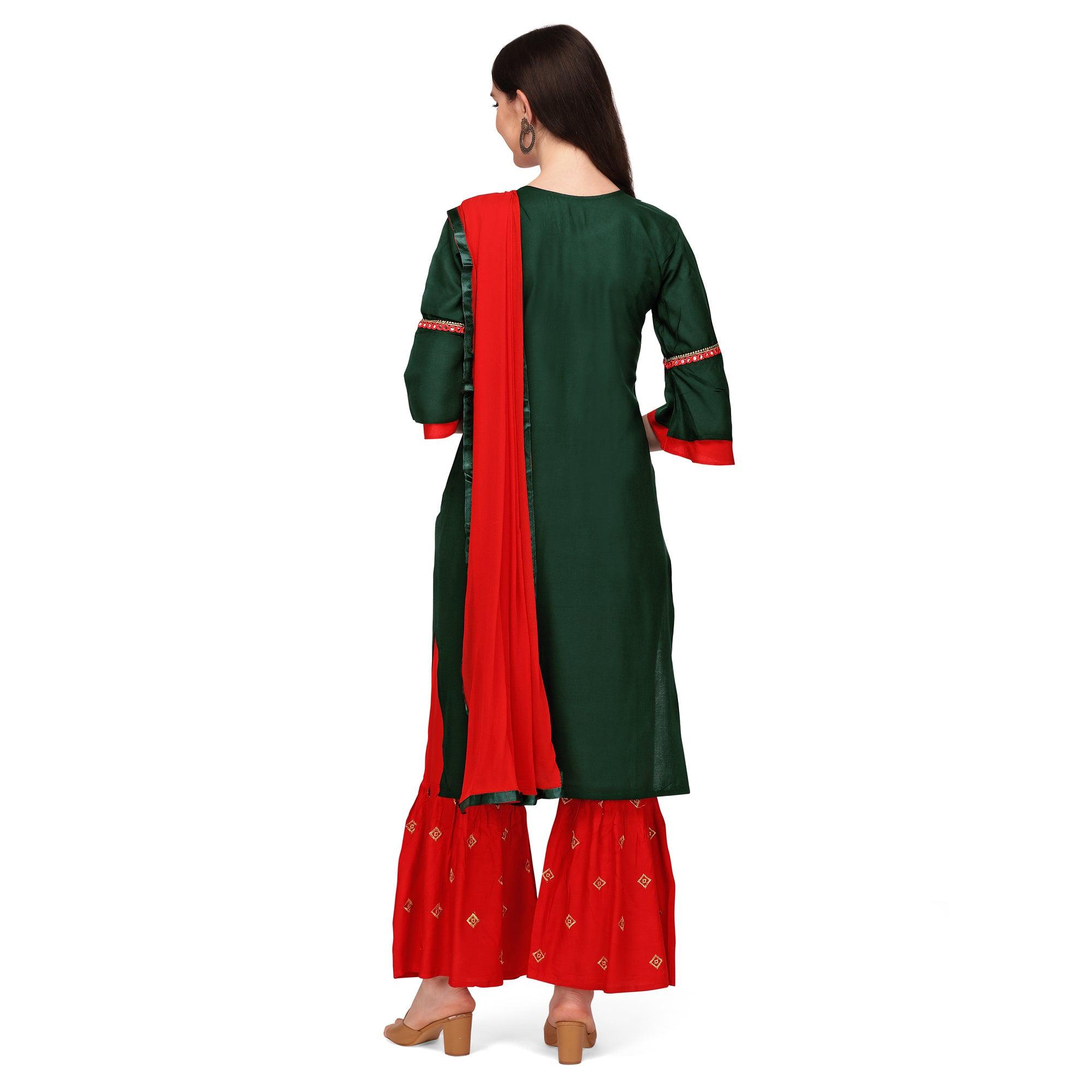 Green Embroidered Rayon Palazzo Suit - Peachmode