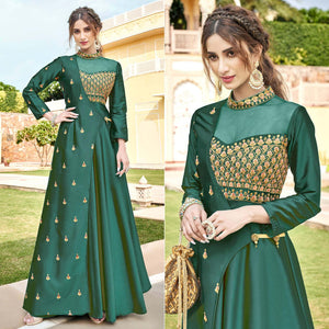 Green Embroidered Tapetta Silk Gown - Peachmode