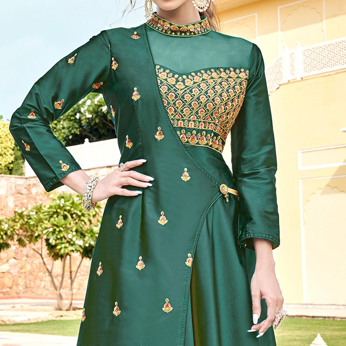Green Embroidered Tapetta Silk Gown - Peachmode