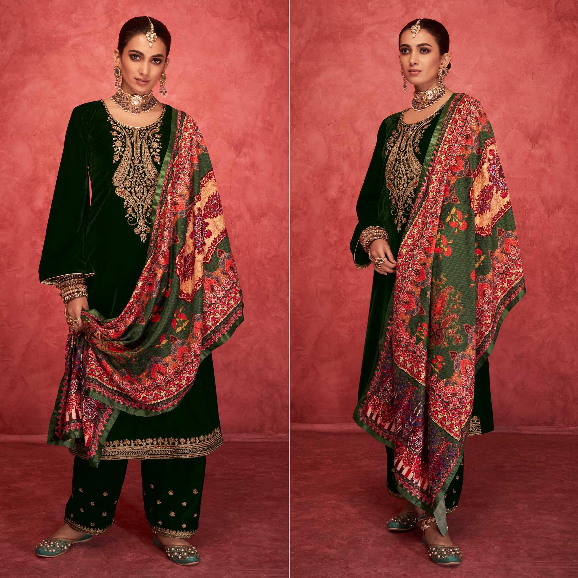 Green Embroidered Velvet Pakistani Suit - Peachmode