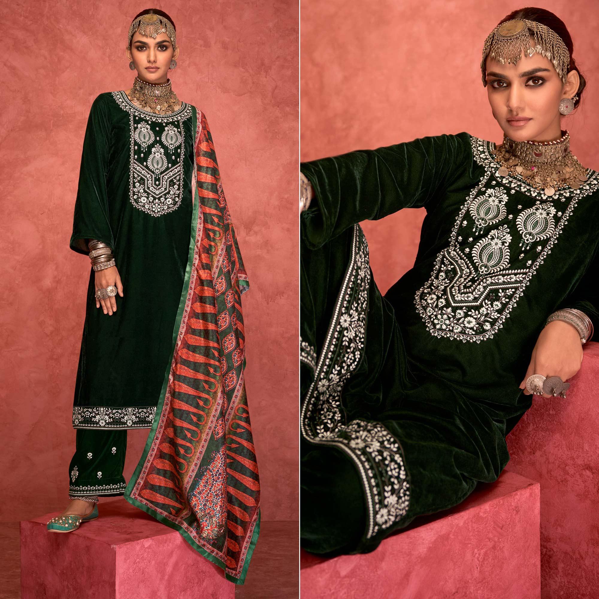 Green Embroidered Velvet Pakistani Suit - Peachmode