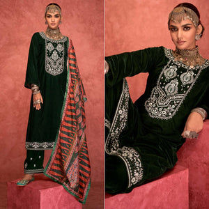 Green Embroidered Velvet Pakistani Suit - Peachmode
