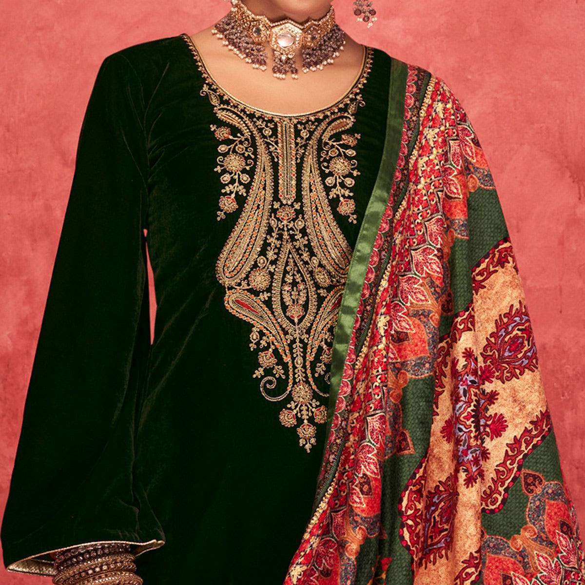 Green Embroidered Velvet Pakistani Suit - Peachmode