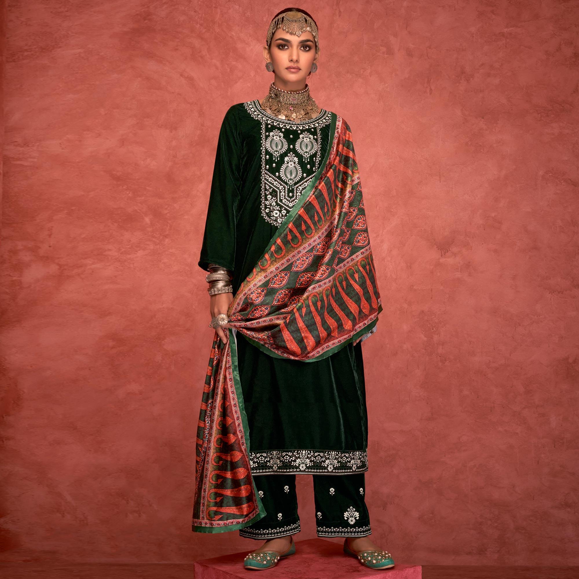 Green Embroidered Velvet Pakistani Suit - Peachmode