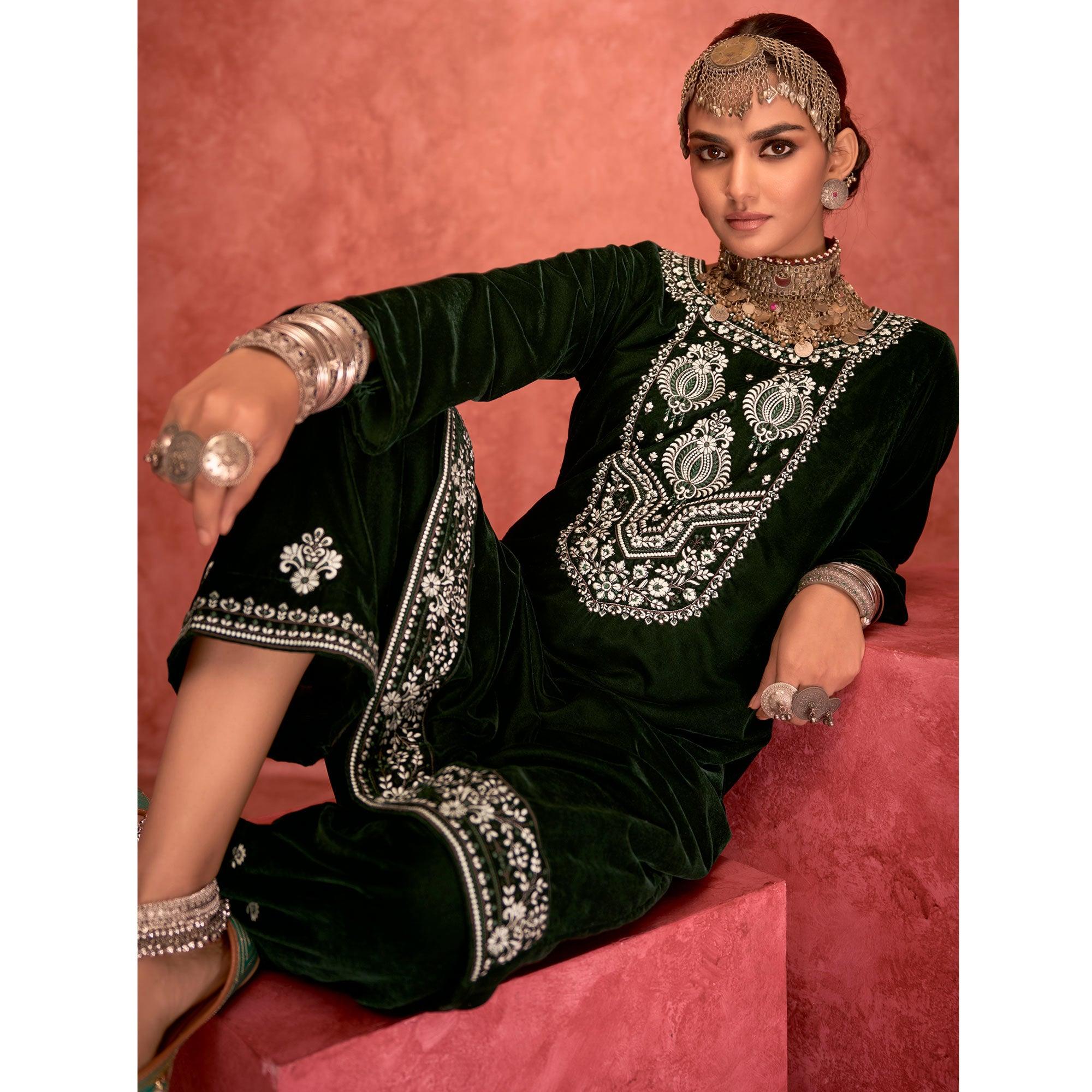 Green Embroidered Velvet Pakistani Suit - Peachmode