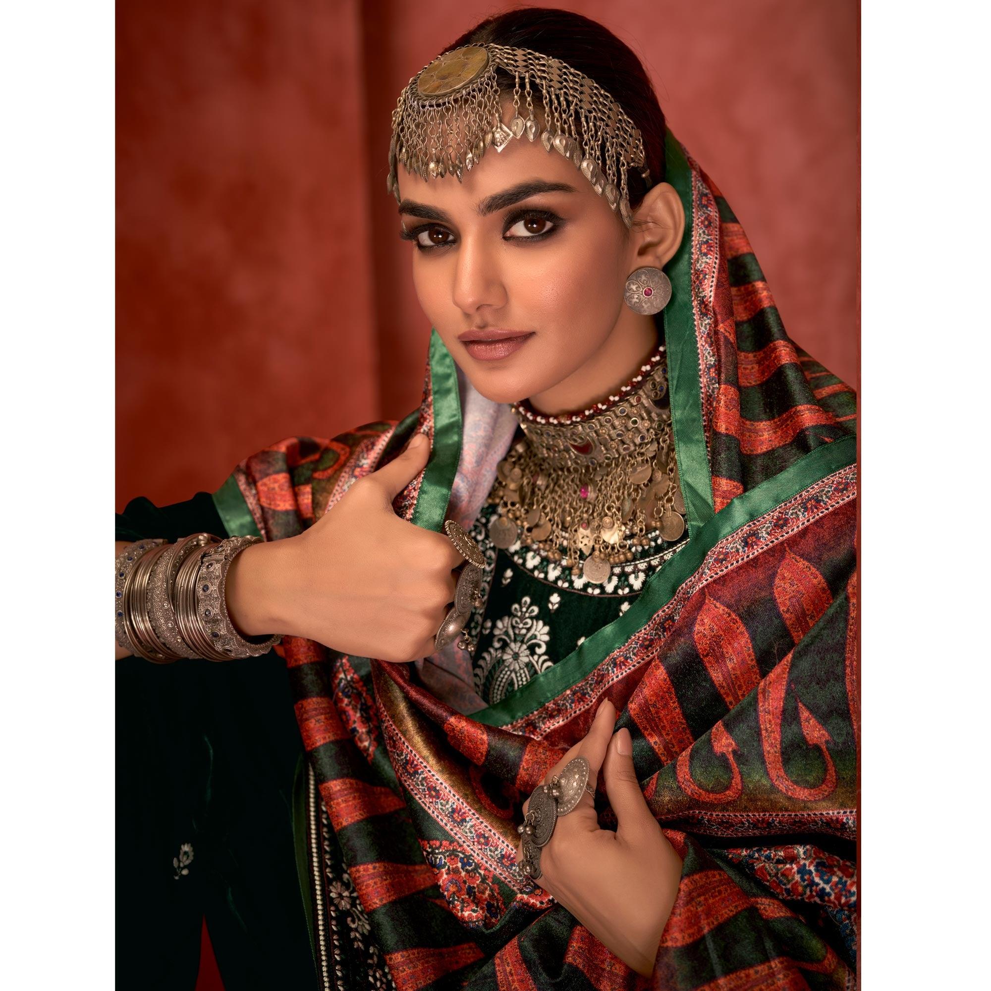 Green Embroidered Velvet Pakistani Suit - Peachmode