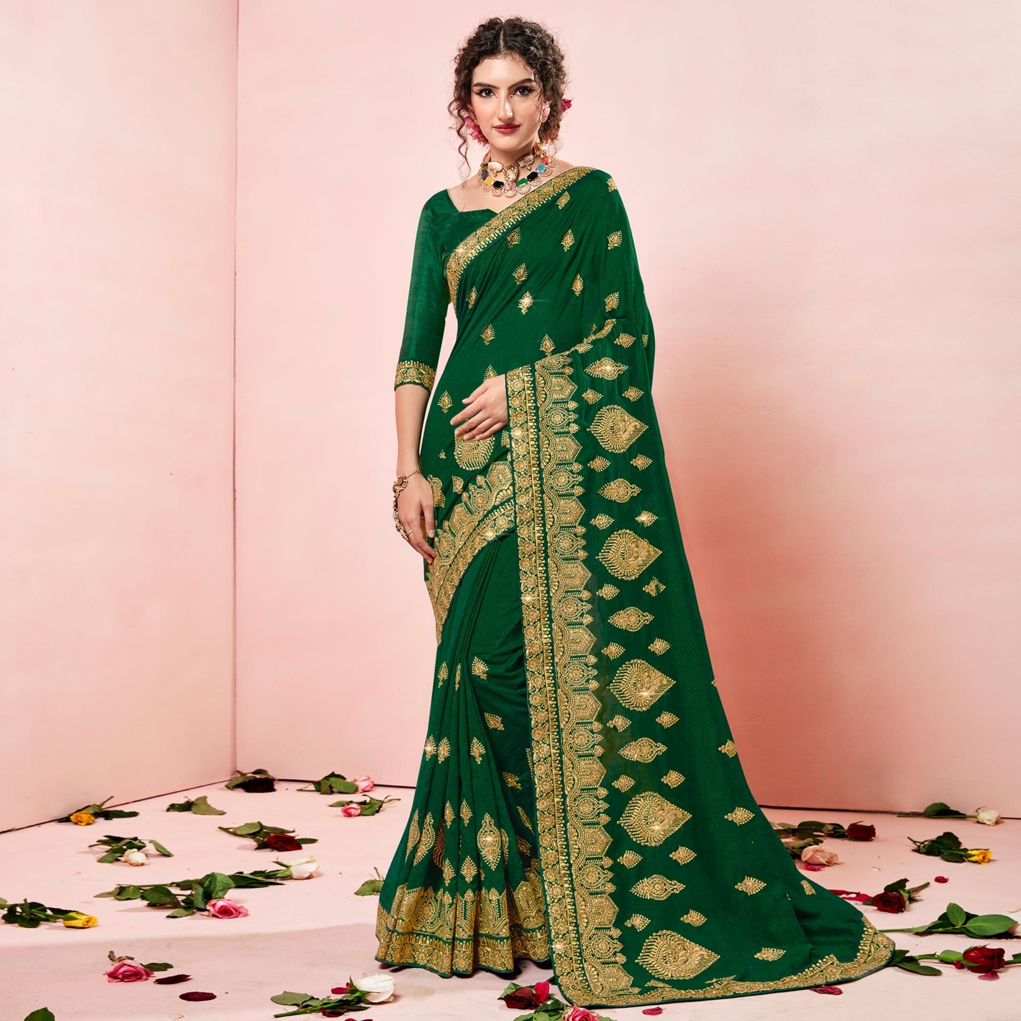 Green Embroidered Vichitra Silk Saree - Peachmode