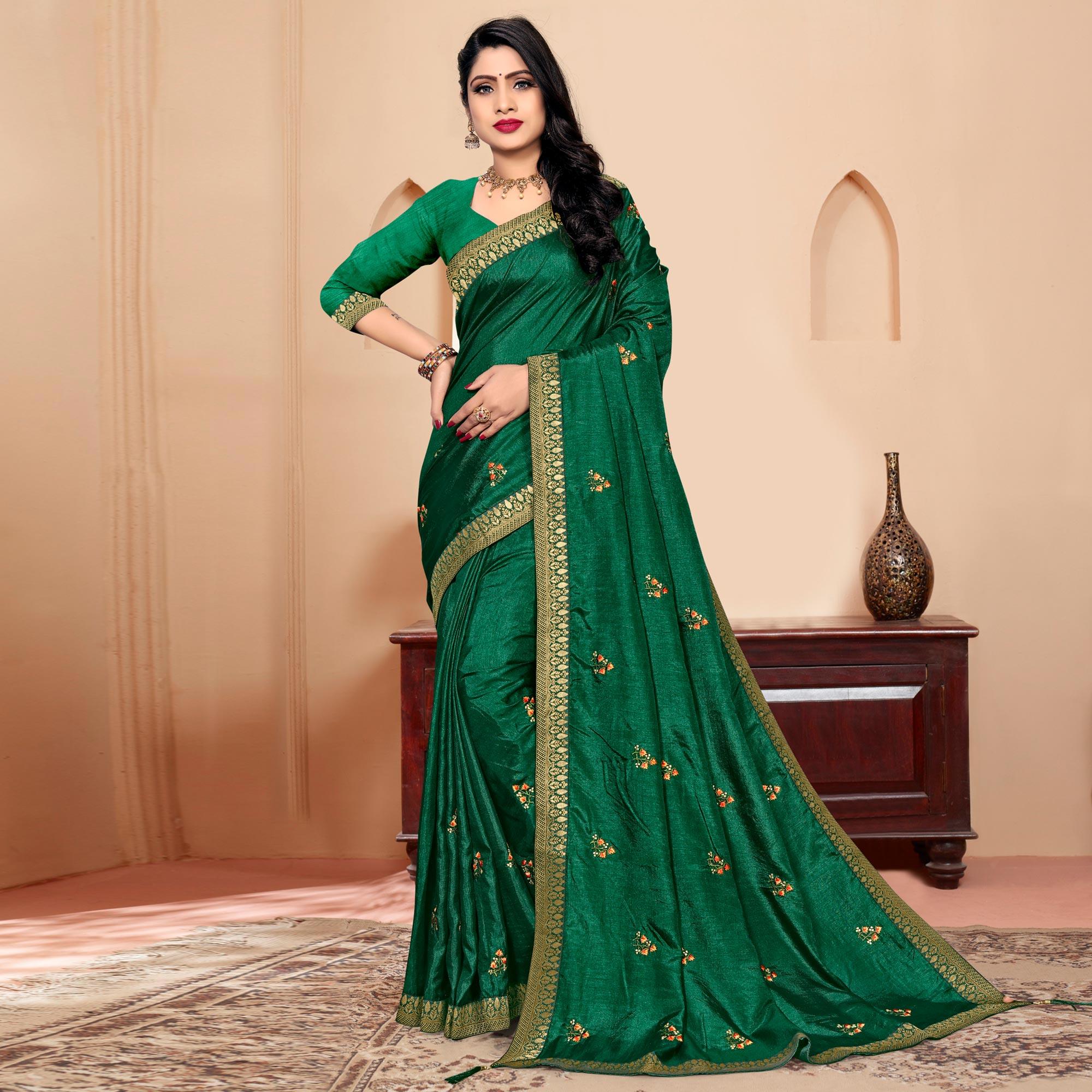 Green Embroidered Vichitra Silk Saree - Peachmode